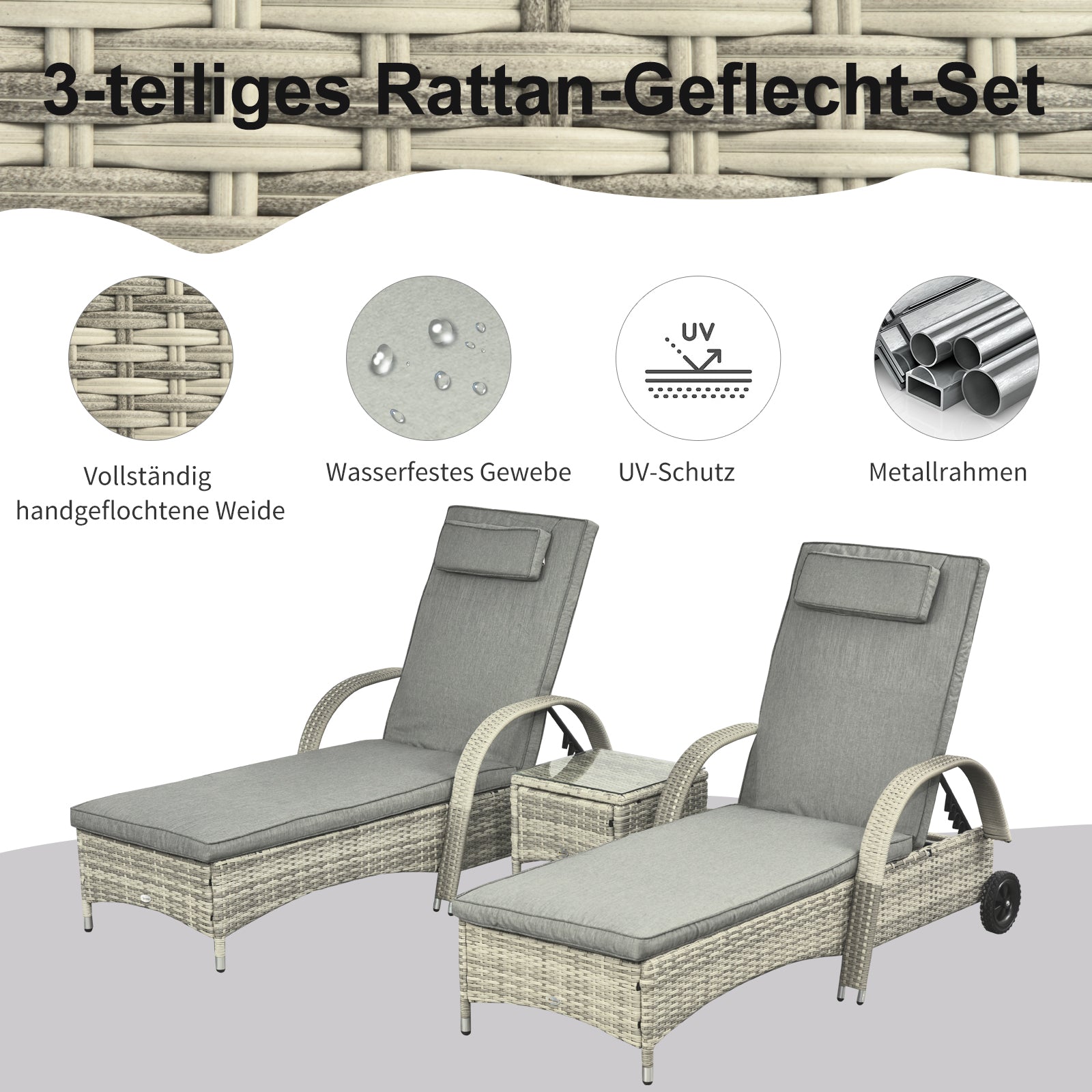 Sun Lounger Garden Table 3-Piece Garden Furniture Set, Polyrattan+Metal Gray