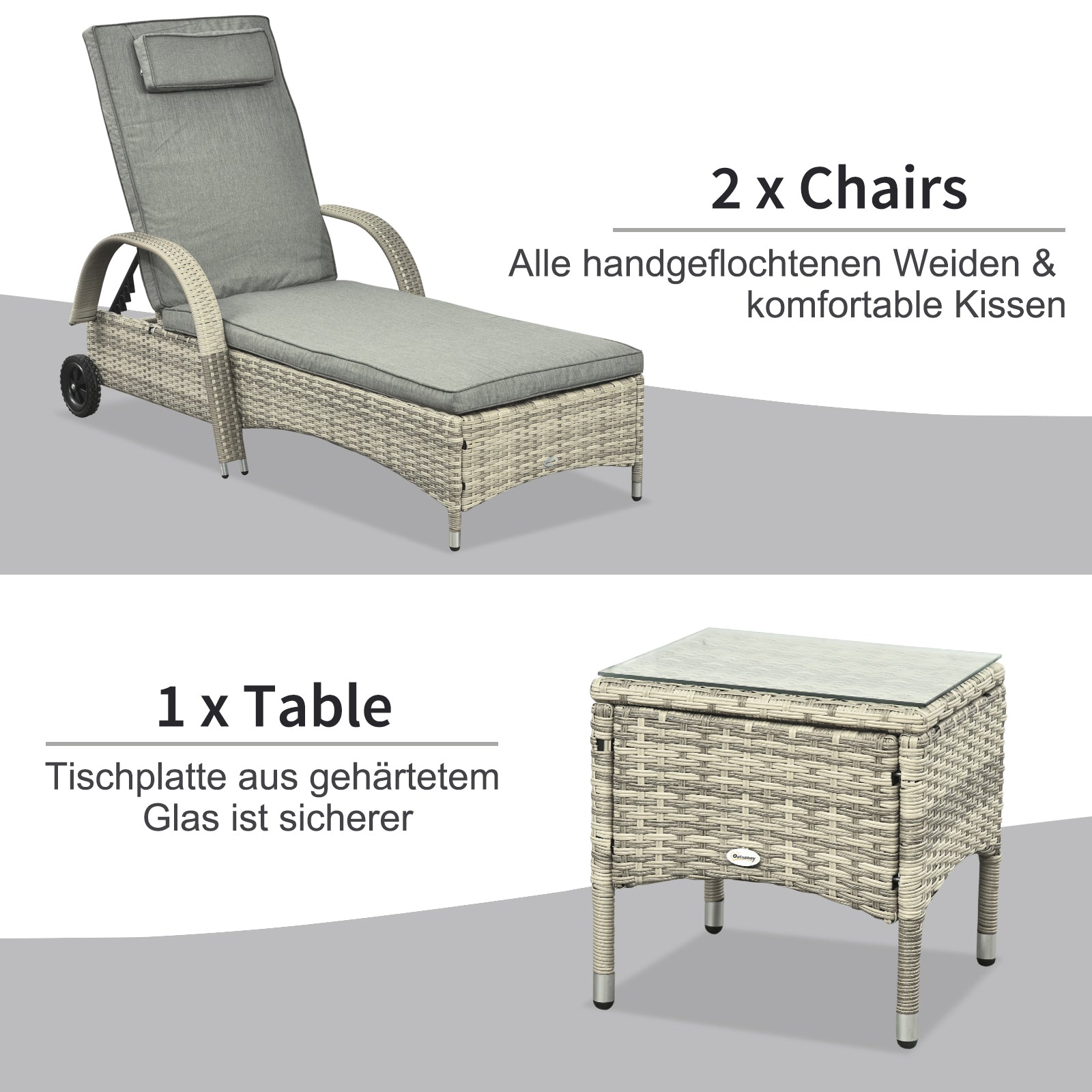 Sun Lounger Garden Table 3-Piece Garden Furniture Set, Polyrattan+Metal Gray