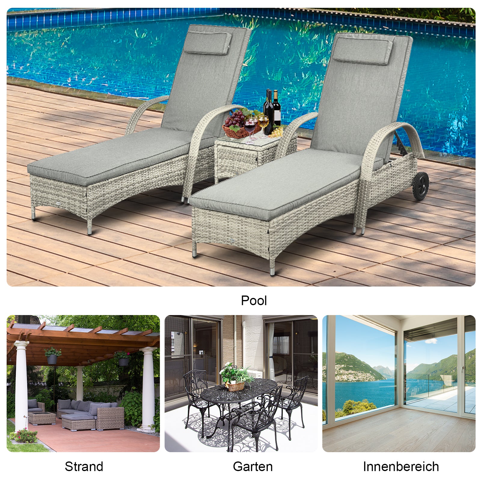 Sun Lounger Garden Table 3-Piece Garden Furniture Set, Polyrattan+Metal Gray