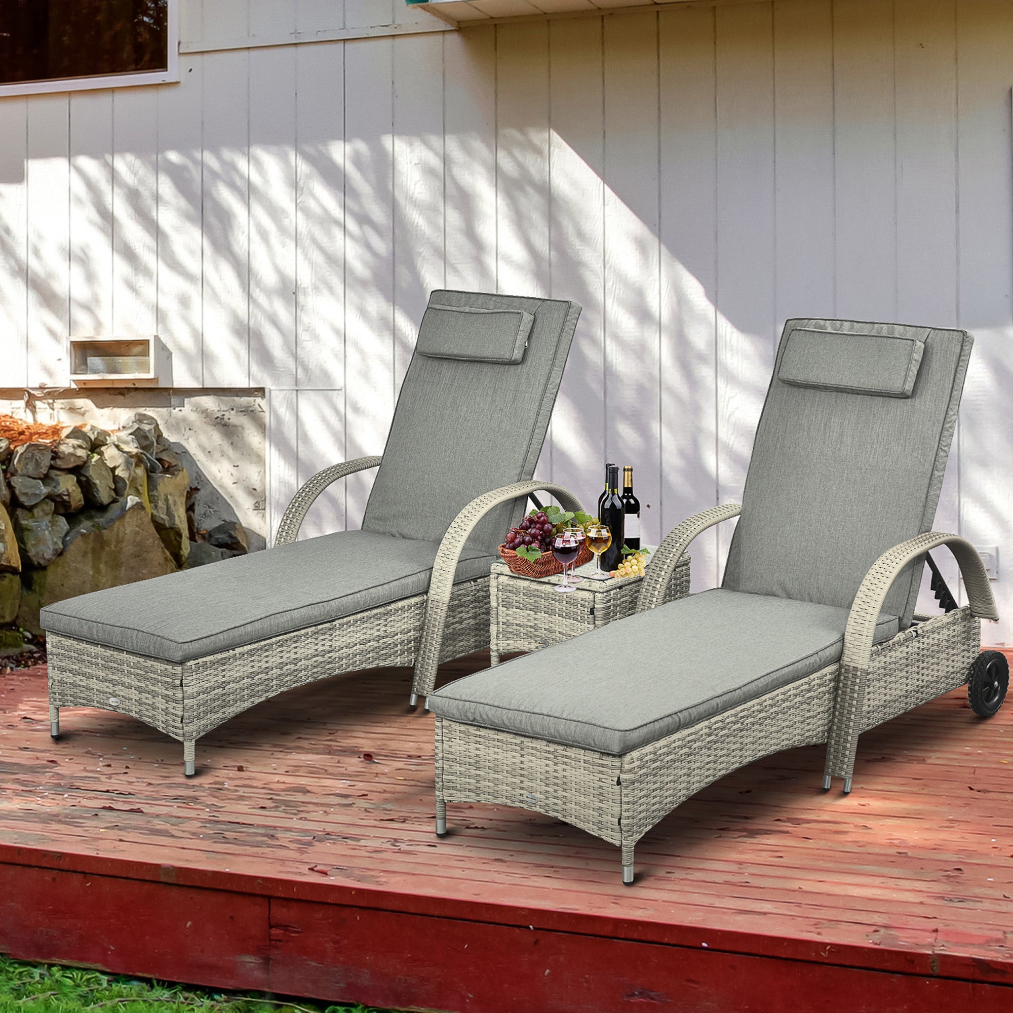 Sun Lounger Garden Table 3-Piece Garden Furniture Set, Polyrattan+Metal Gray