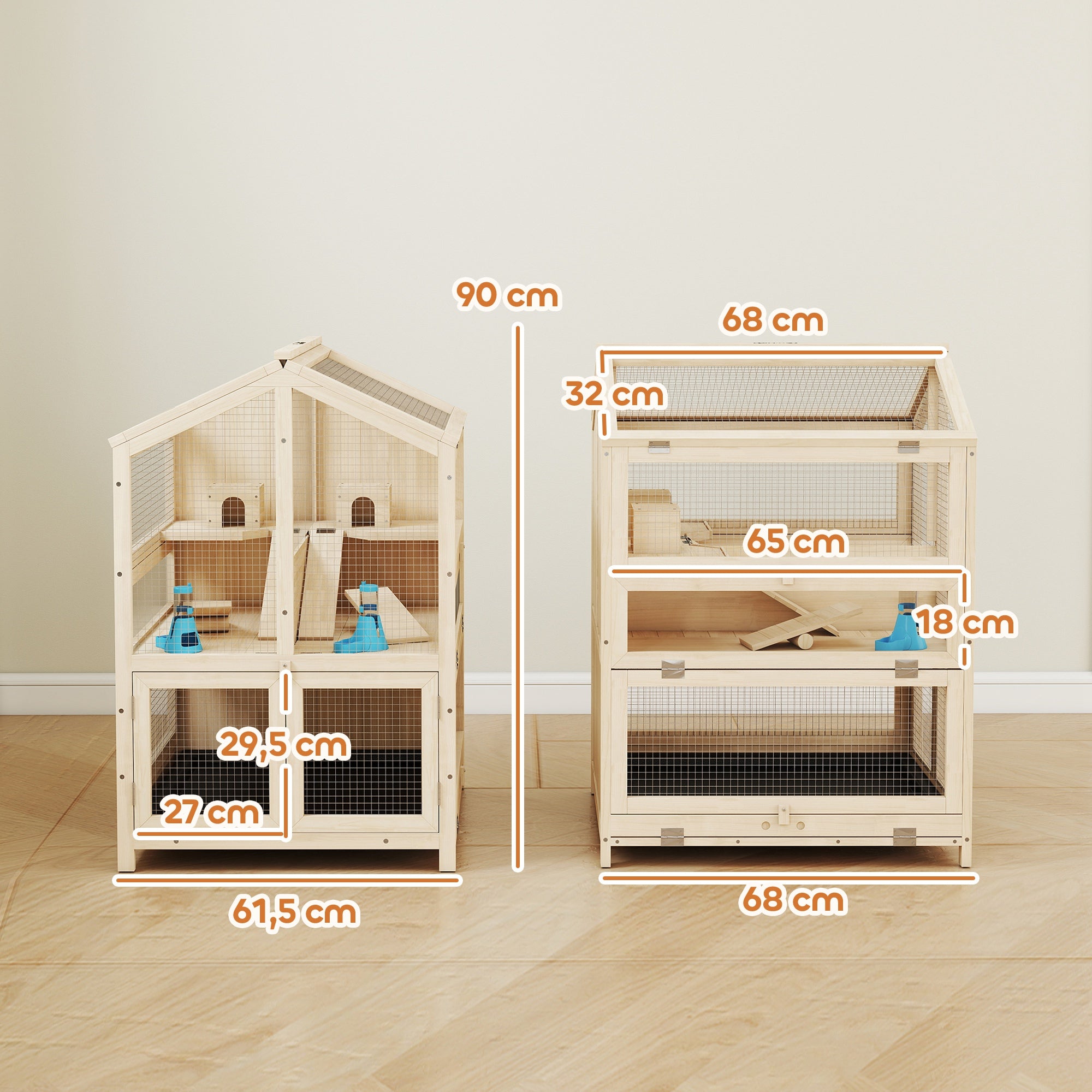 3-Level Fir Wood Hamster Cage with Ramps, Platforms, Nests & Removable ABS Tray — 26.8 × 24.2 × 35.4 in (68 × 61.5 × 90 cm), Natural