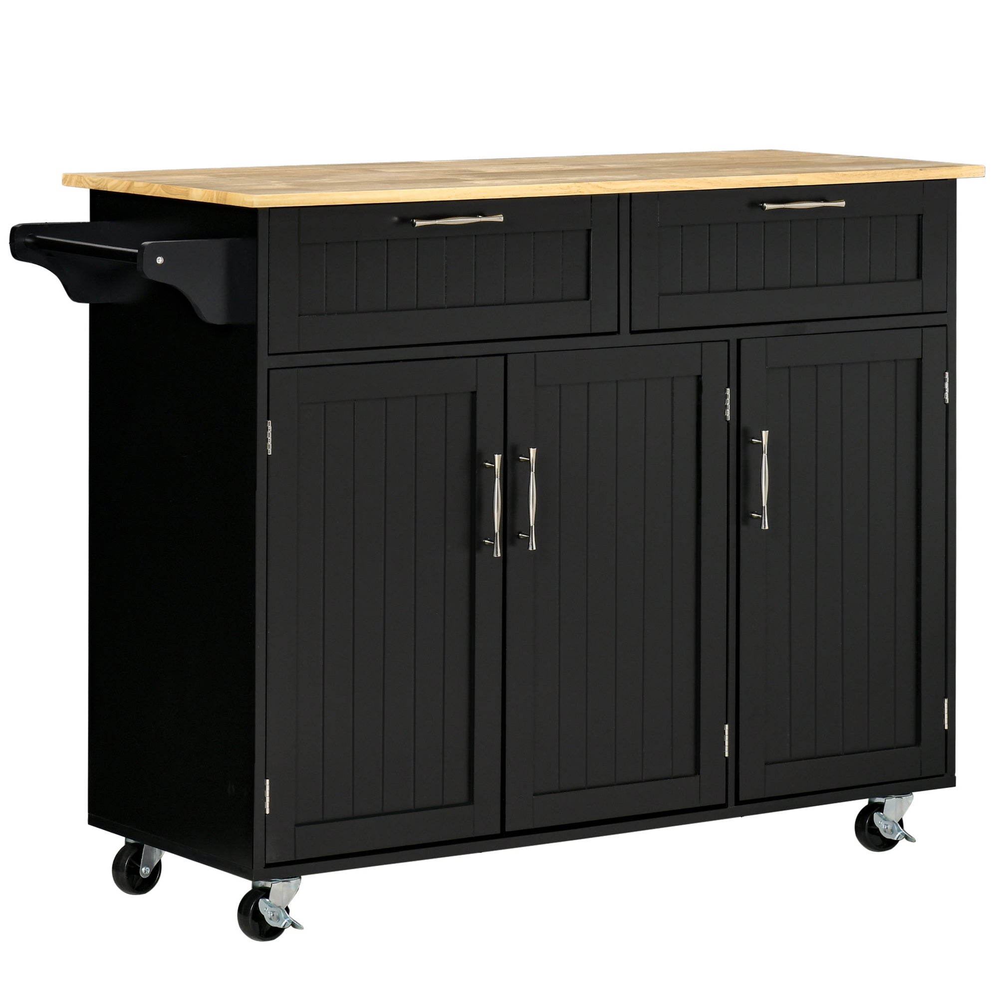 Multi-purpose Kitchen Trolley with 2 Drawers, 3-door Cabinet and 4 Wheels, Kitchen Island in Wood and MDF, 121x46x91cm, Black