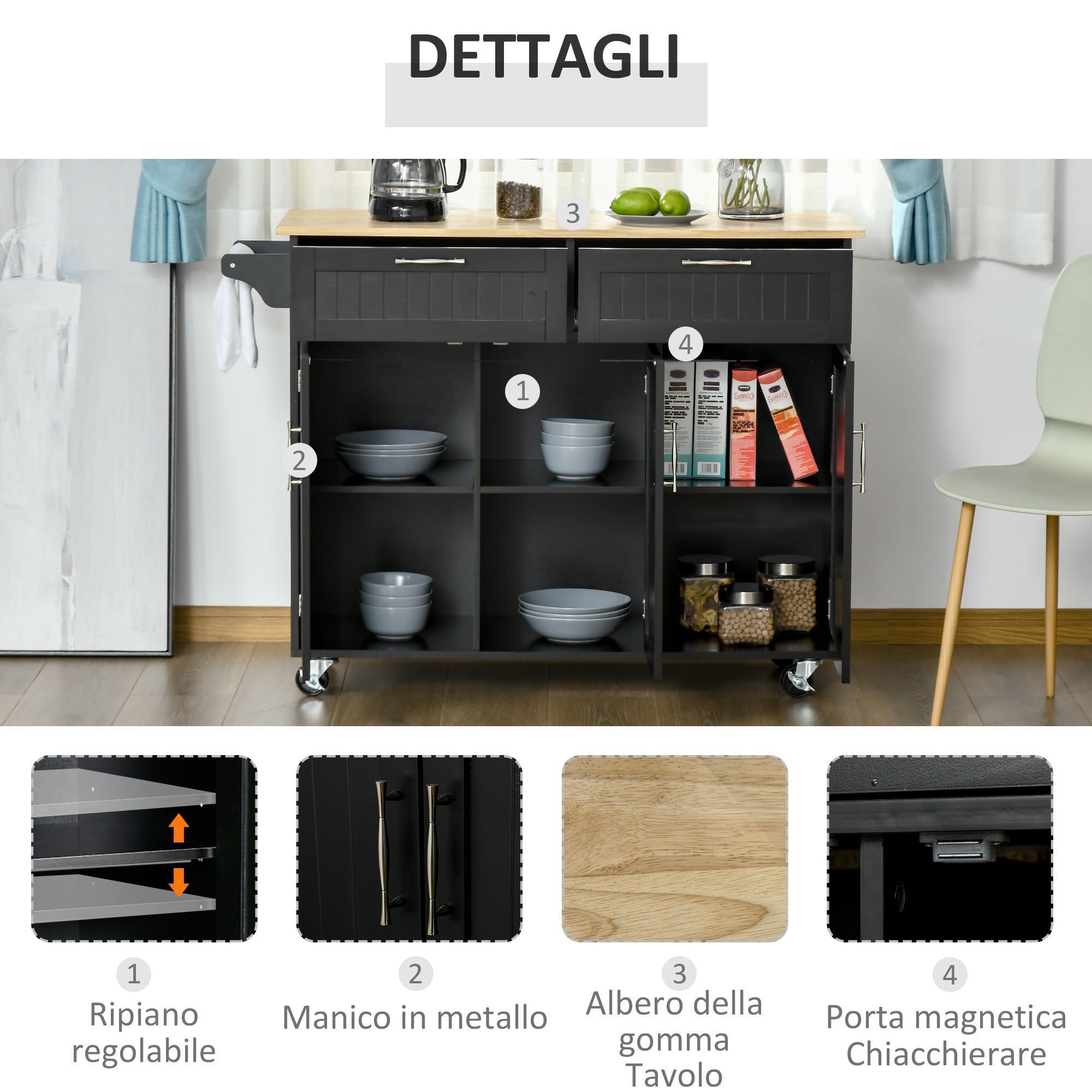 Multi-purpose Kitchen Trolley with 2 Drawers, 3-door Cabinet and 4 Wheels, Kitchen Island in Wood and MDF, 121x46x91cm, Black