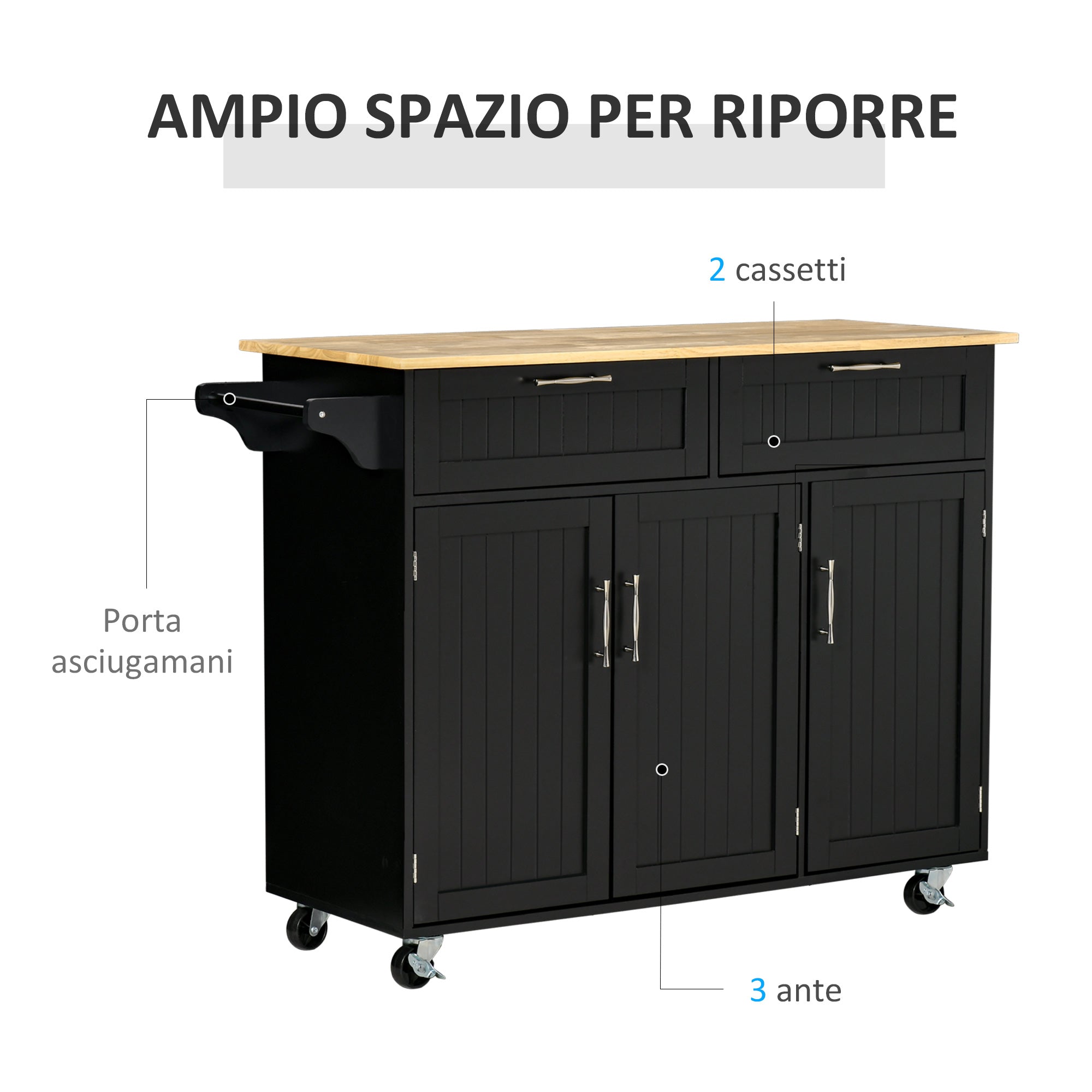 Multi-purpose Kitchen Trolley with 2 Drawers, 3-door Cabinet and 4 Wheels, Kitchen Island in Wood and MDF, 121x46x91cm, Black