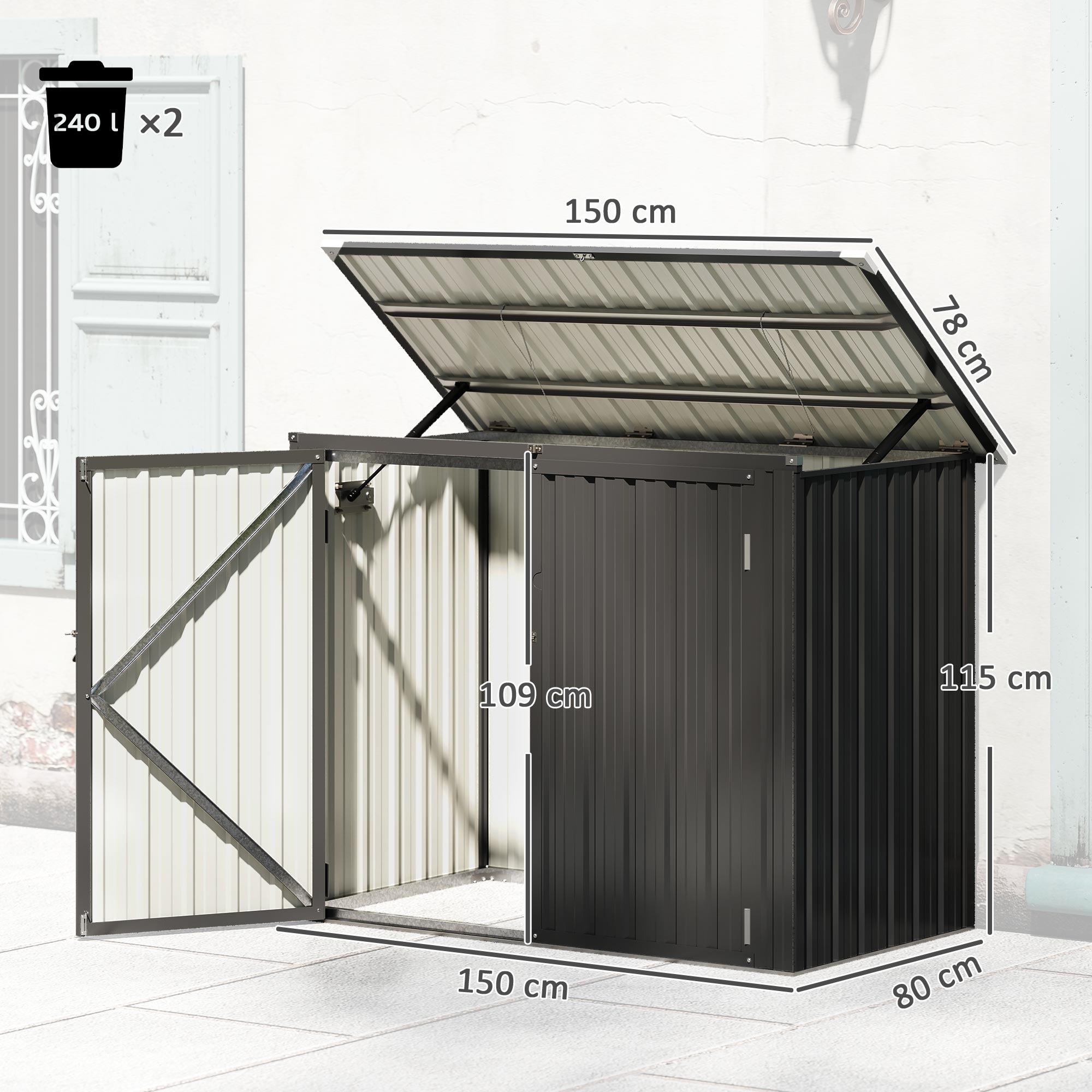 Double Waste Bin Shed, 240L Galvanized Steel Trash Can Storage with Hinged Lid & Lockable Double Doors, Outdoor Garden Shed, 150 x 80 x 117 cm, Dark Gray