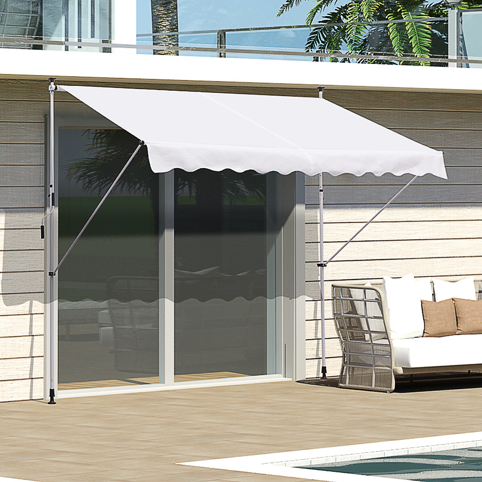 Retractable Manual Awning 300x150x170-280 cm Balcony Awning with Adjustable Height Crank and Sun Protection for Terrace Garden White