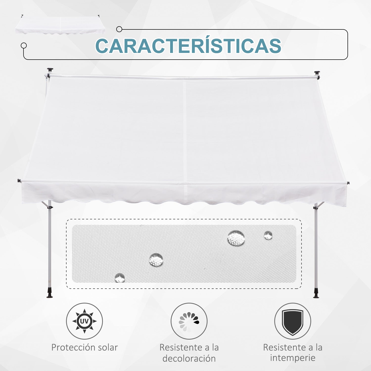 Retractable Manual Awning 300x150x170-280 cm Balcony Awning with Adjustable Height Crank and Sun Protection for Terrace Garden White