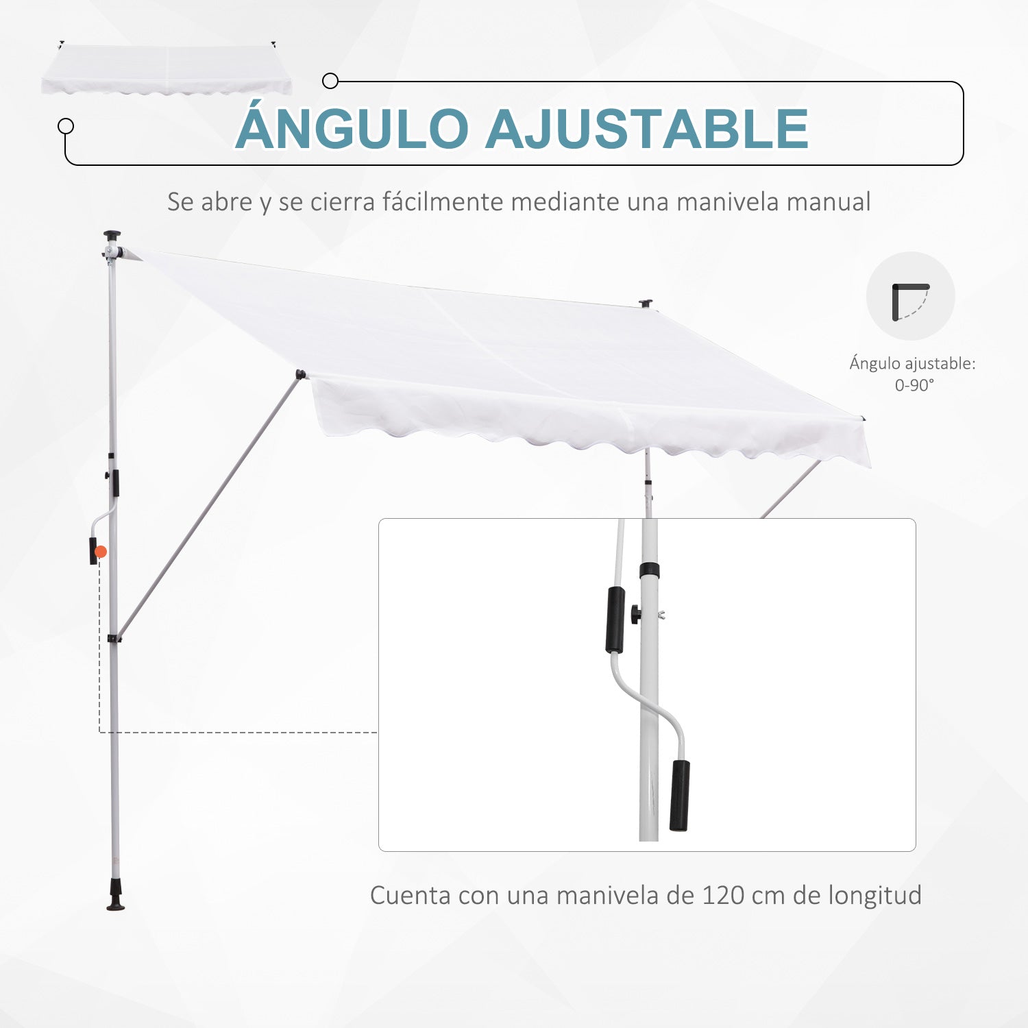 Retractable Manual Awning 300x150x170-280 cm Balcony Awning with Adjustable Height Crank and Sun Protection for Terrace Garden White