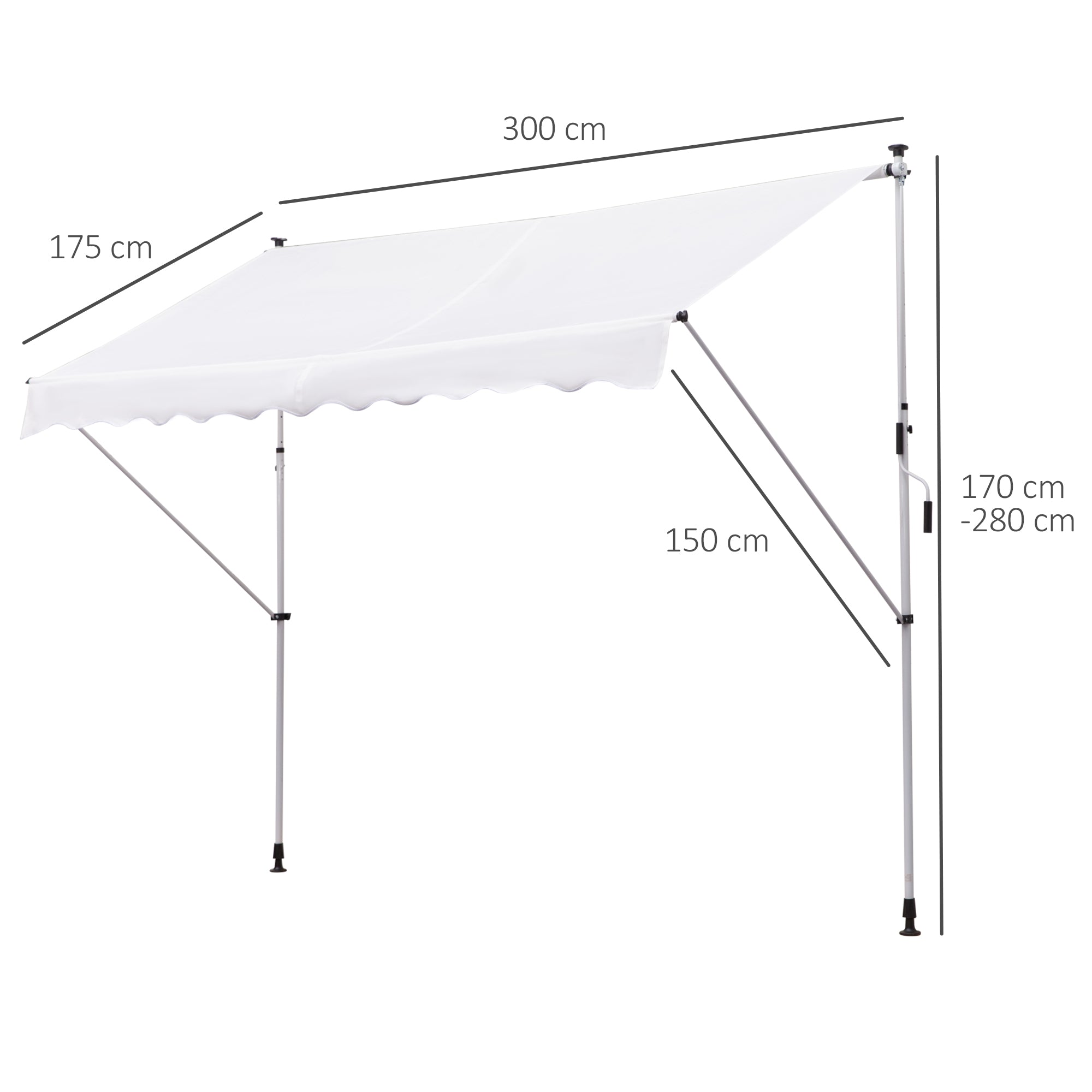 Retractable Manual Awning 300x150x170-280 cm Balcony Awning with Adjustable Height Crank and Sun Protection for Terrace Garden White