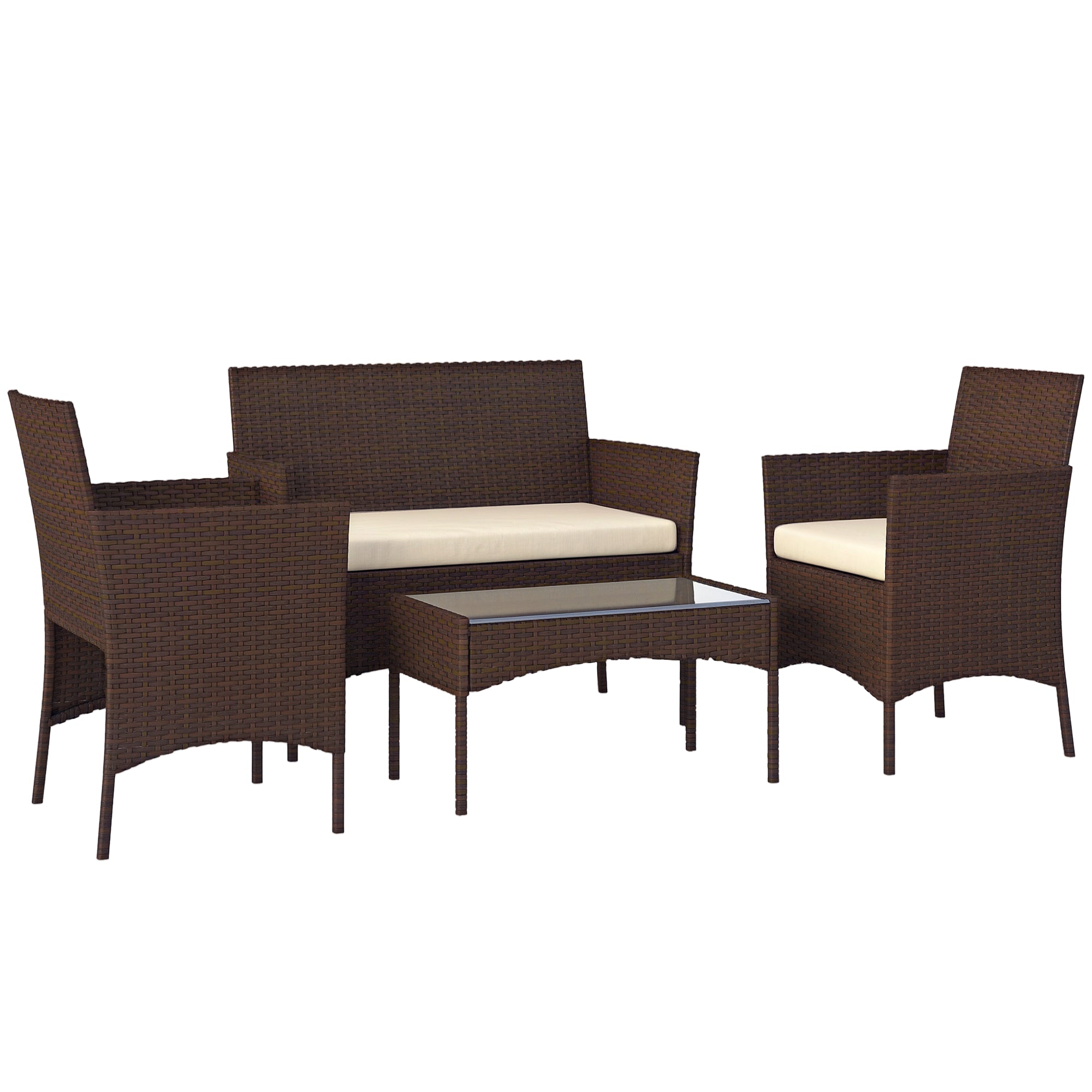 Brown Rattan Garden Set with Cushions Weather-Resistant Outdoor Furniture with 2 Armchairs 2-Seater Sofa Glass Table