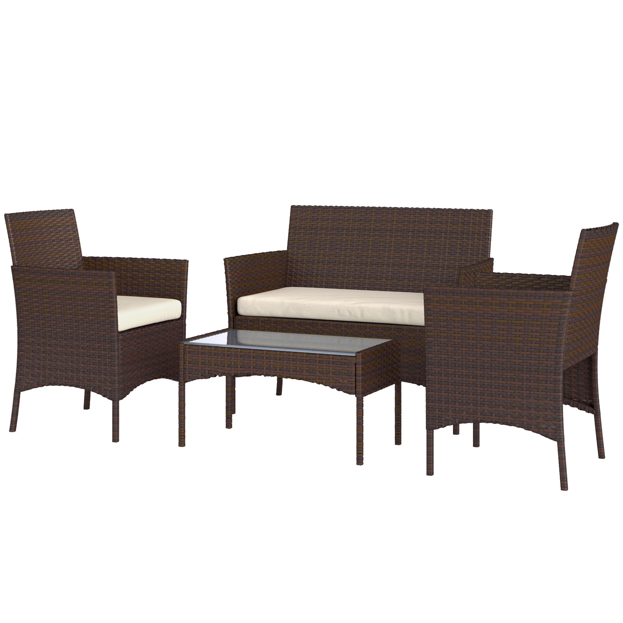 Brown Rattan Garden Set with Cushions Weather-Resistant Outdoor Furniture with 2 Armchairs 2-Seater Sofa Glass Table