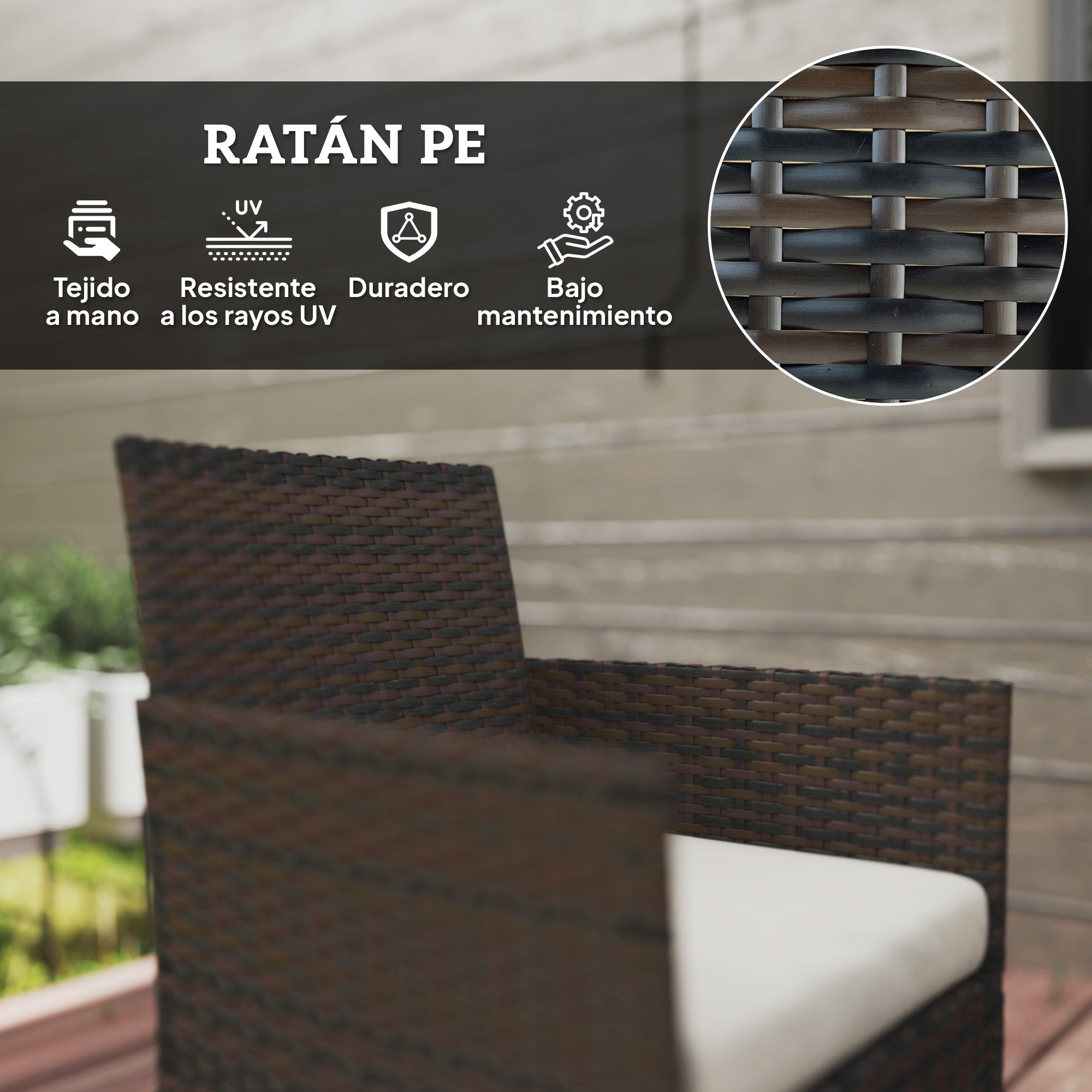 Brown Rattan Garden Set with Cushions Weather-Resistant Outdoor Furniture with 2 Armchairs 2-Seater Sofa Glass Table