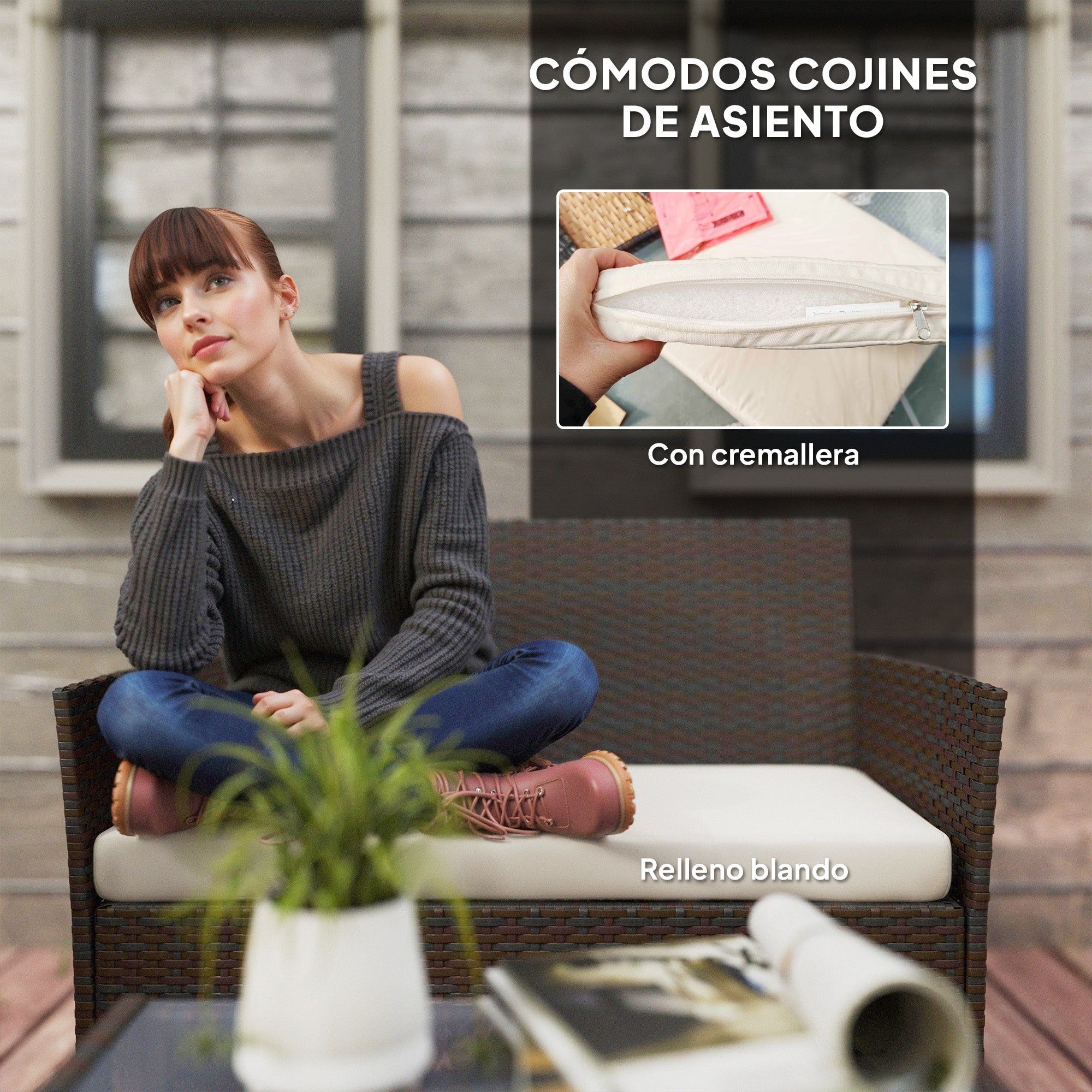 Brown Rattan Garden Set with Cushions Weather-Resistant Outdoor Furniture with 2 Armchairs 2-Seater Sofa Glass Table