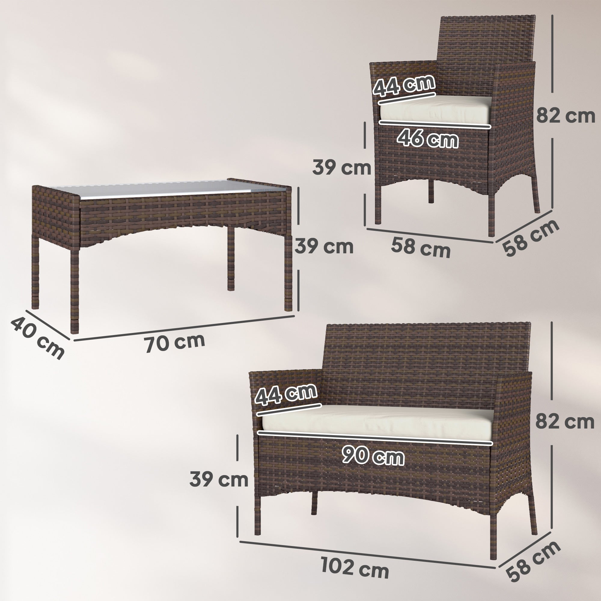 Brown Rattan Garden Set with Cushions Weather-Resistant Outdoor Furniture with 2 Armchairs 2-Seater Sofa Glass Table