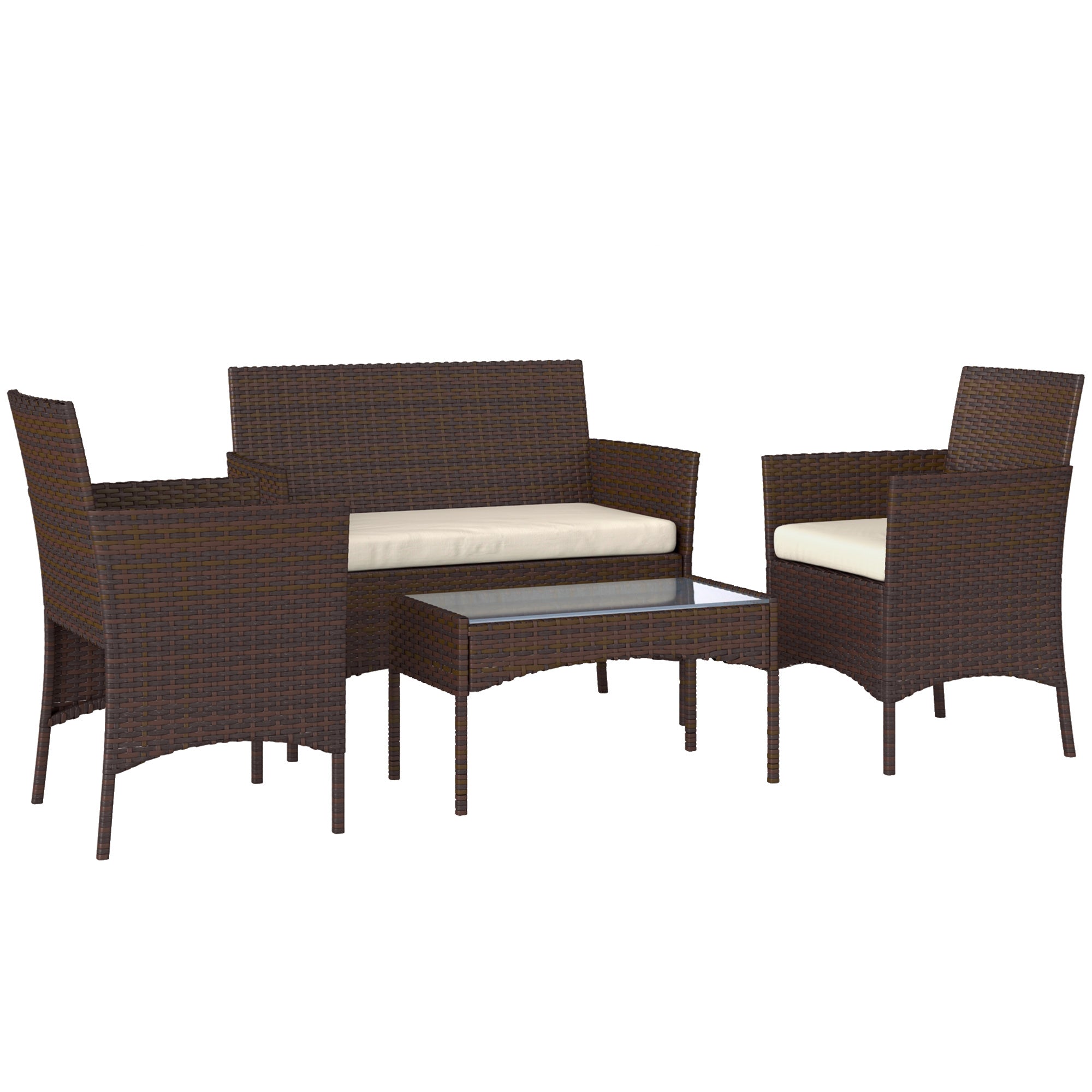 Brown Rattan Garden Set with Cushions Weather-Resistant Outdoor Furniture with 2 Armchairs 2-Seater Sofa Glass Table