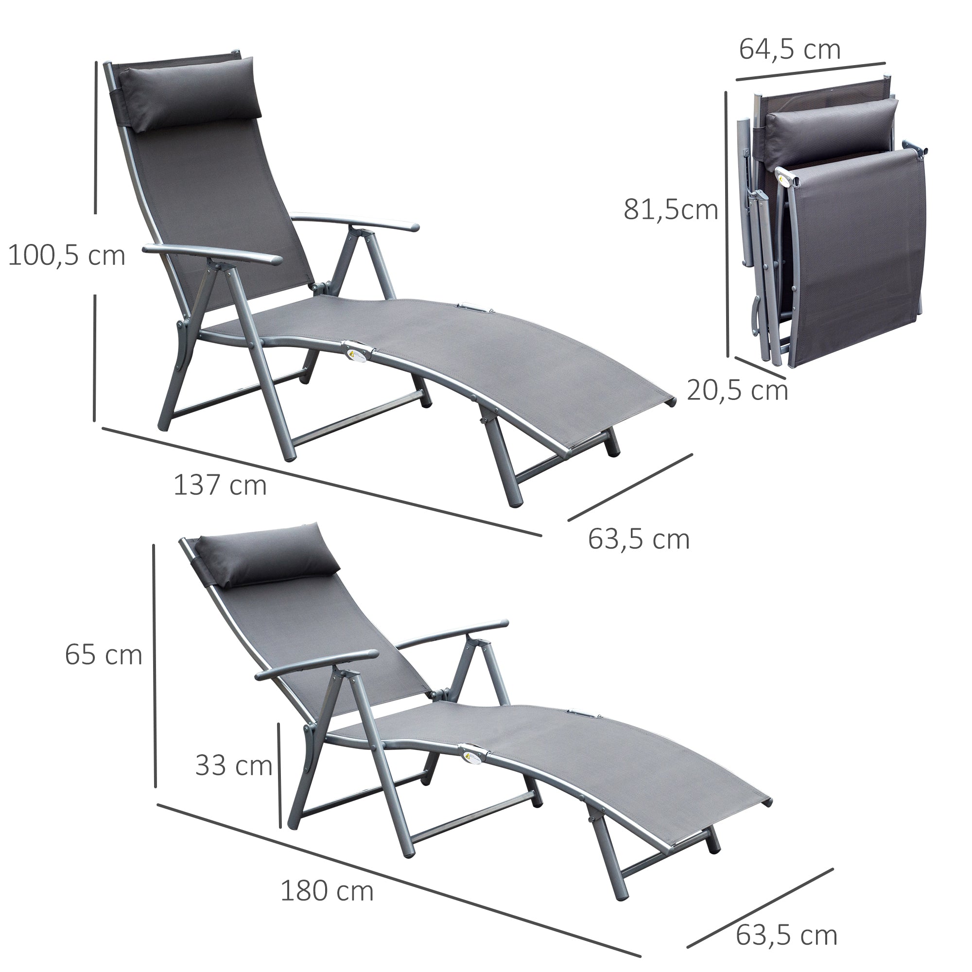 Folding Sun Lounger Beach Chair with Pillow Recliner with 7-Position Adjustable Backrest Sun Lounger Recliner Sun Lounger Garden Chair up to 165 kg load capacity, for garden vacation outdoor, Gray