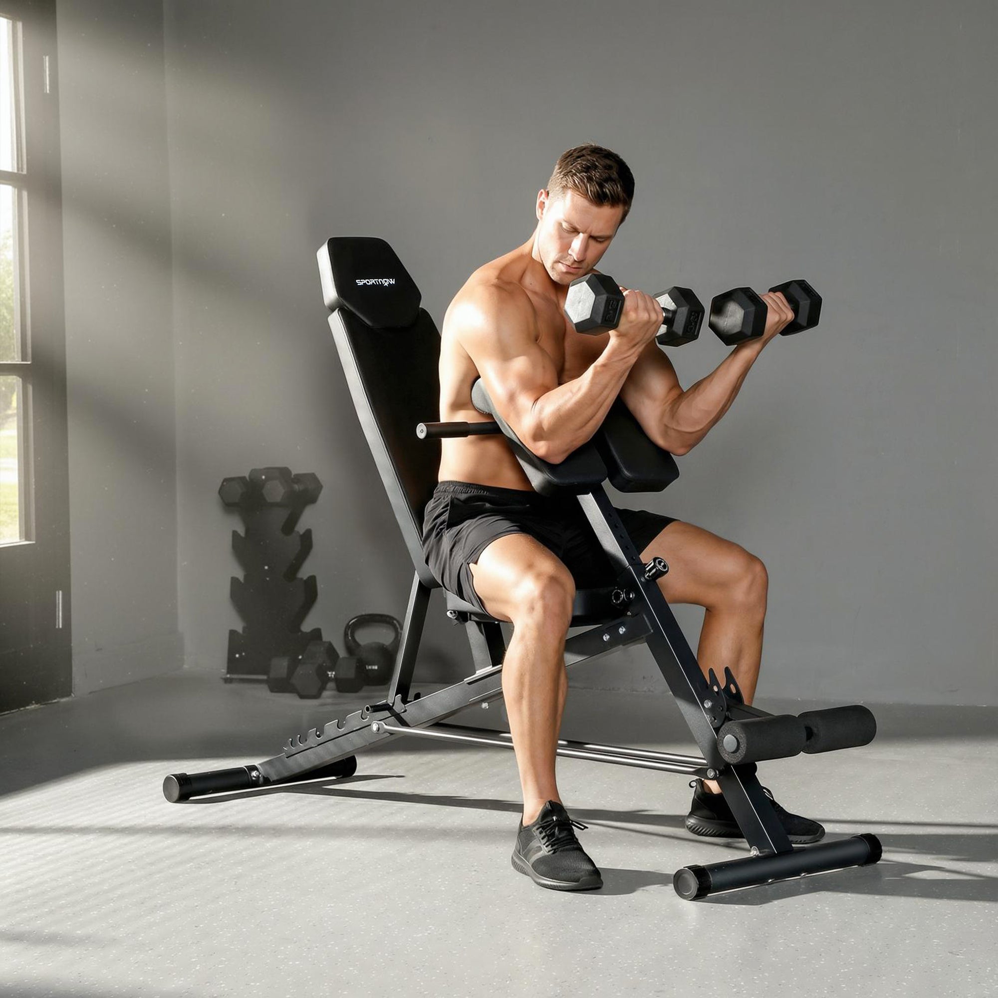 SPORTNOW 4-in-1 Adjustable Dumbbell Bench with Leg Extension & Preacher Curl Pad, 6-Position Backrest, Adjustable Seat & Pads, Multi-Function Incline Bench, 330 lb Capacity — Home Gym Back Trainer