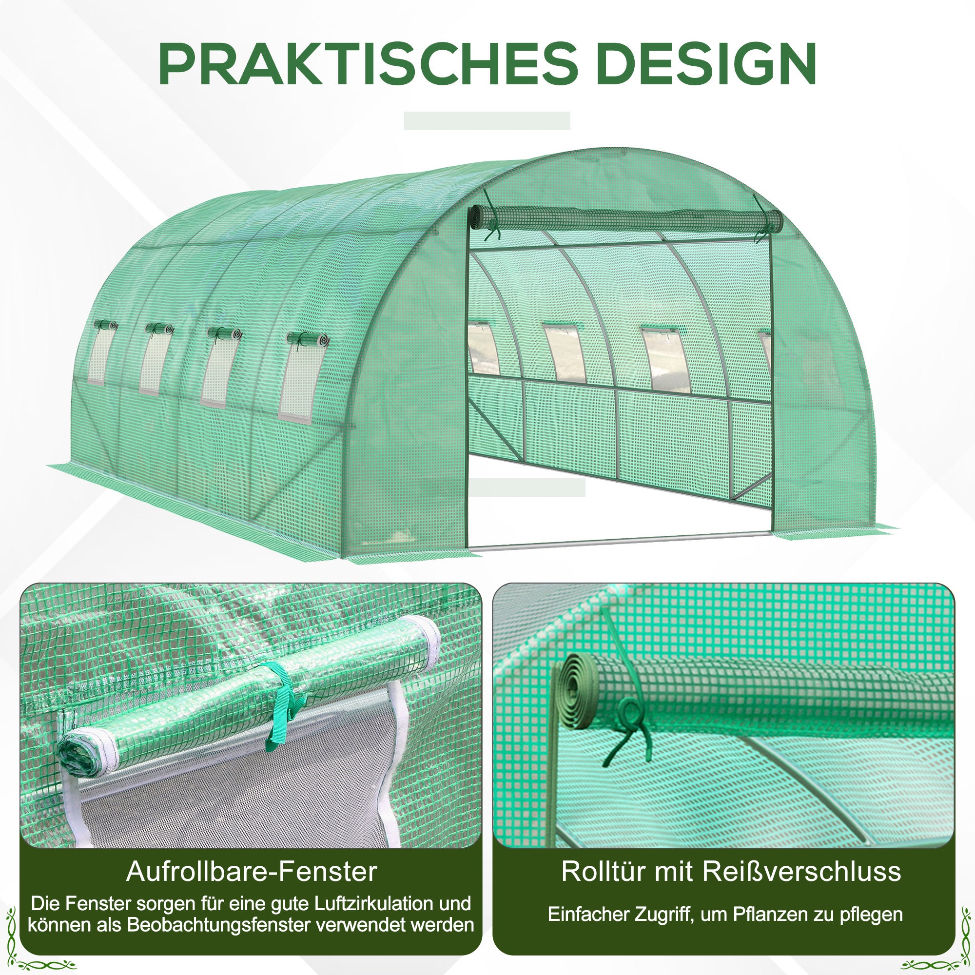 Greenhouse approx. 6 x 3 x 2 m Foil Greenhouse with 8 Windows, Roll-Up Door, Roll-up Side Panels, UV-Resistant Foil Tunnel, Winterproof Tomato House with Ground Anchors, Green