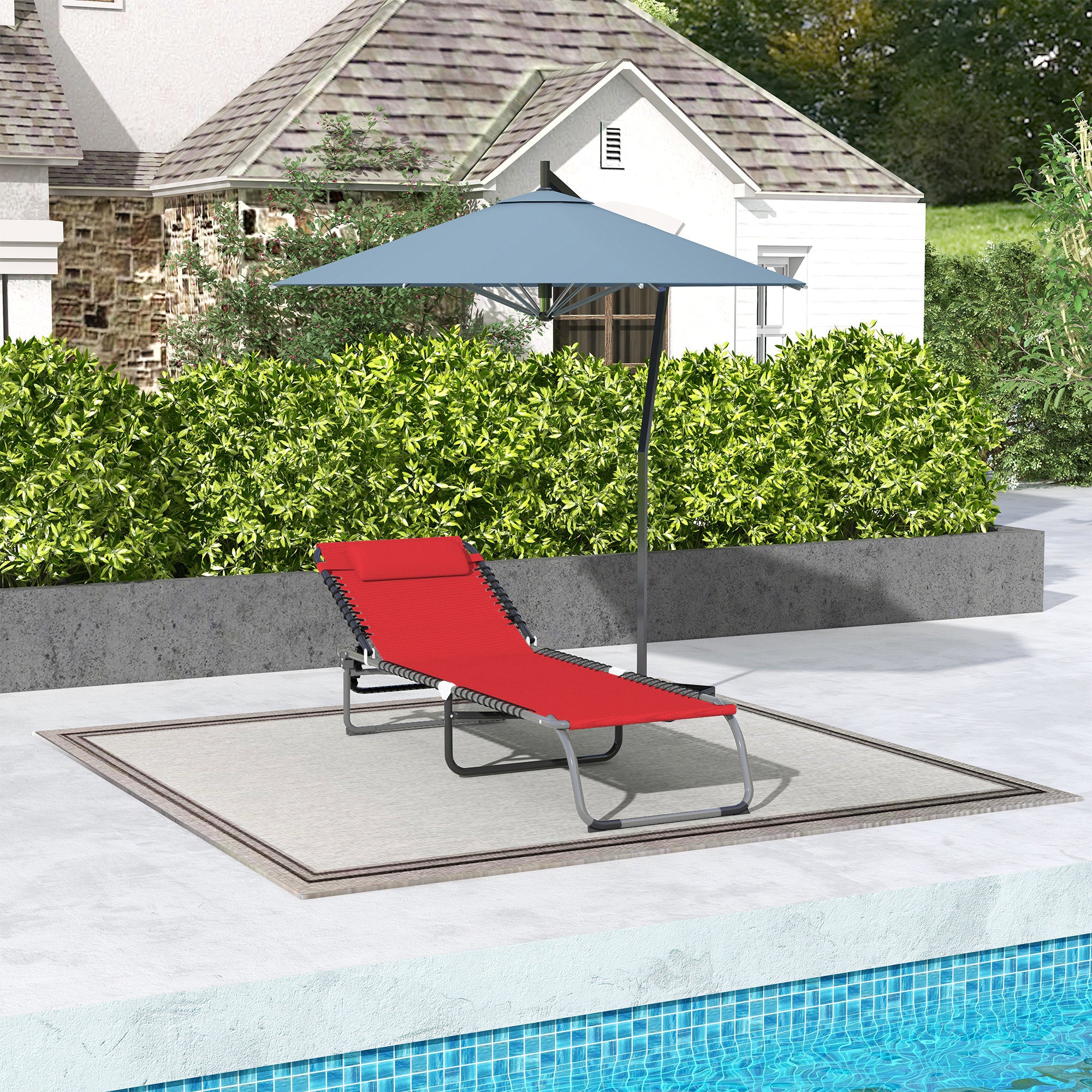 Folding Sun Lounger with Multi-Position Adjustable Backrest Thermoplastic Steel Elastic Laces Black Textilene Wine Red