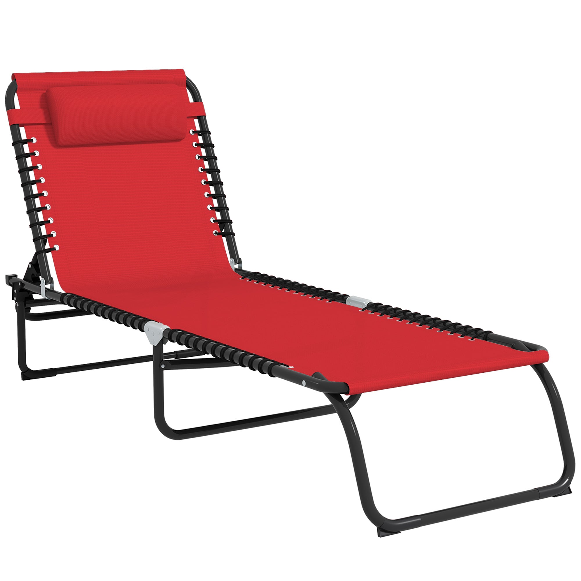 Folding Sun Lounger with Multi-Position Adjustable Backrest Thermoplastic Steel Elastic Laces Black Textilene Wine Red