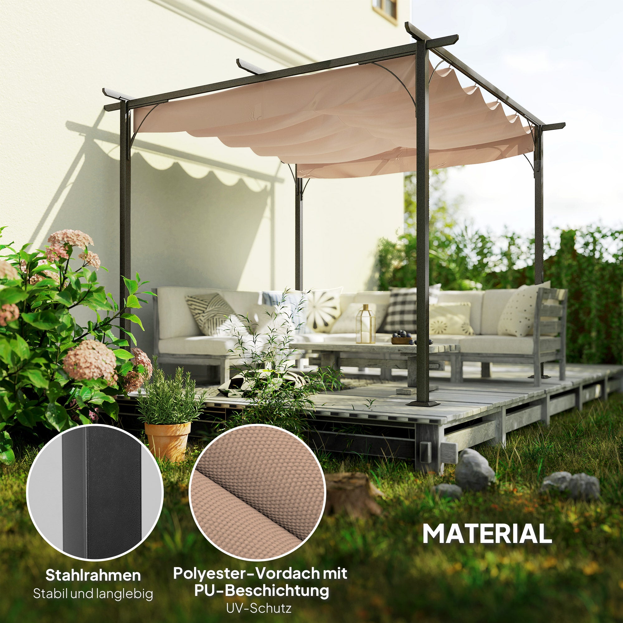 Pergola Waterproof Pavilion 3 x 3 m Patio Cover with Sliding Roof, UV Protection for Garden Beige