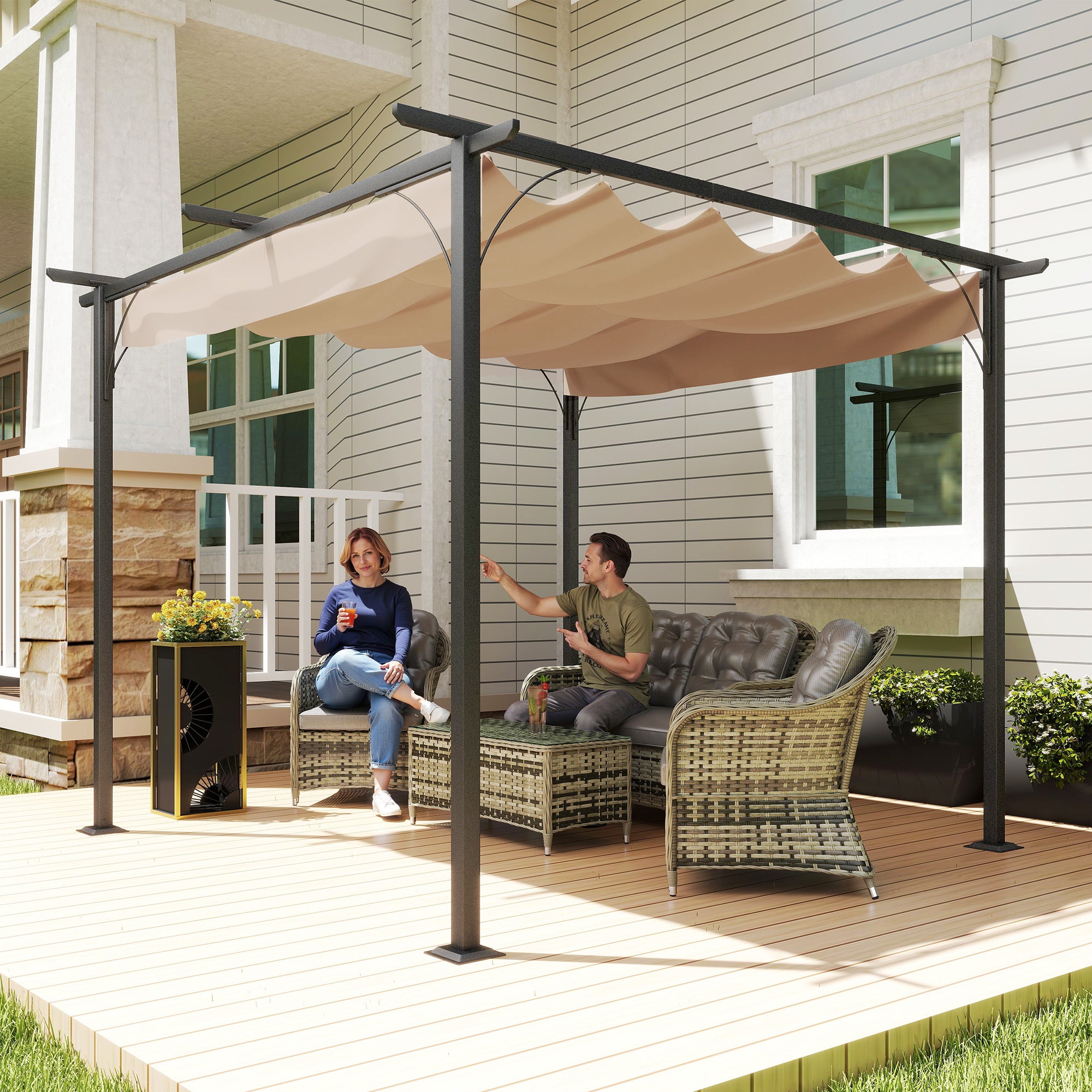 Pergola Waterproof Pavilion 3 x 3 m Patio Cover with Sliding Roof, UV Protection for Garden Beige