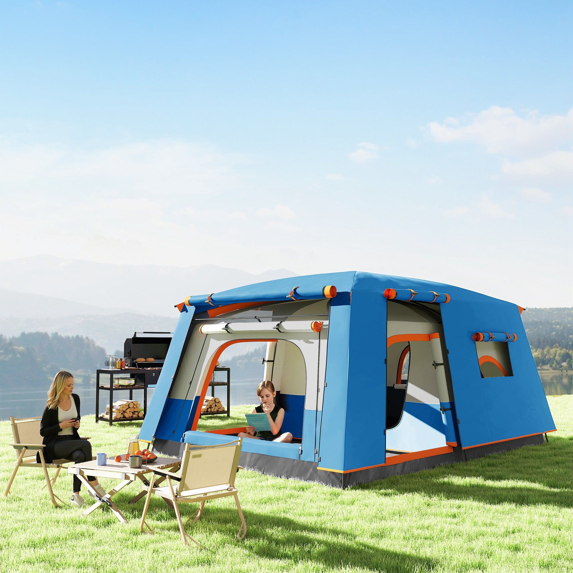 Family Camping Tent for 4-6 People Tunnel Type Camping Tent with 2 Rooms Porch Waterproof 3000 mm Anti-UV for Fishing Hiking Light Blue