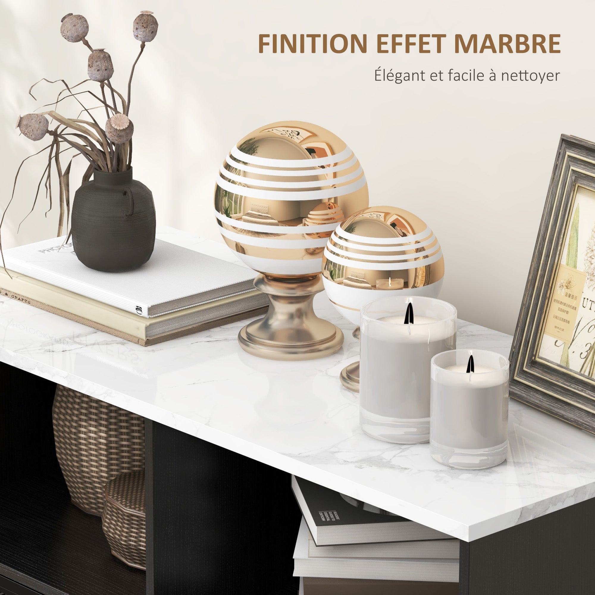 buffet storage cabinet with marble-look top and double mesh door, for living room or kitchen, 86 x 40 x 90 cm, white and black