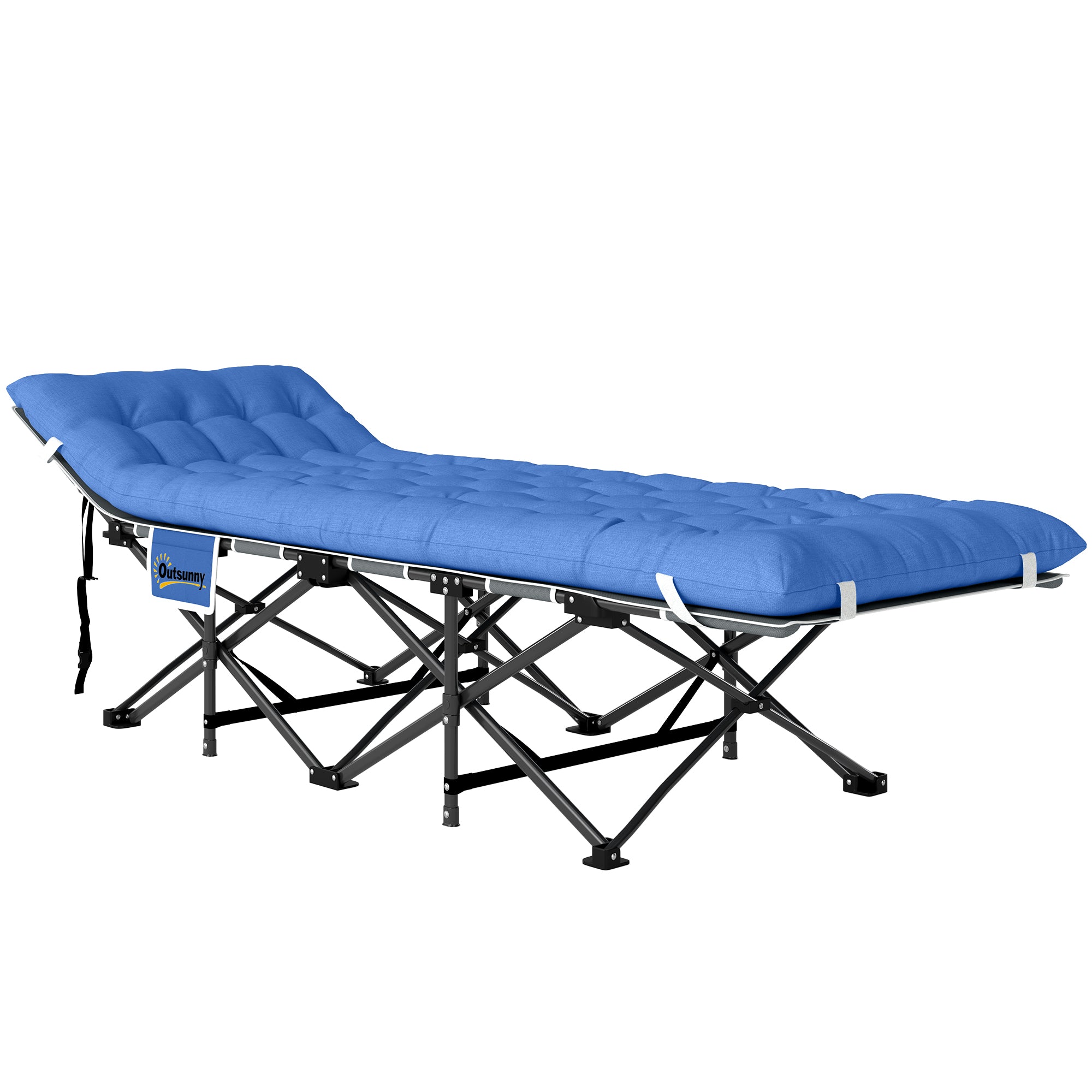 Folding Camp Bed with Mattress, Pillow, Side Pocket 190 x 65 x 37 cm Camping Cot for Adults Guest Bed up to 150 kg Folding Bed for Outdoor, Garden Camping Travel Blue