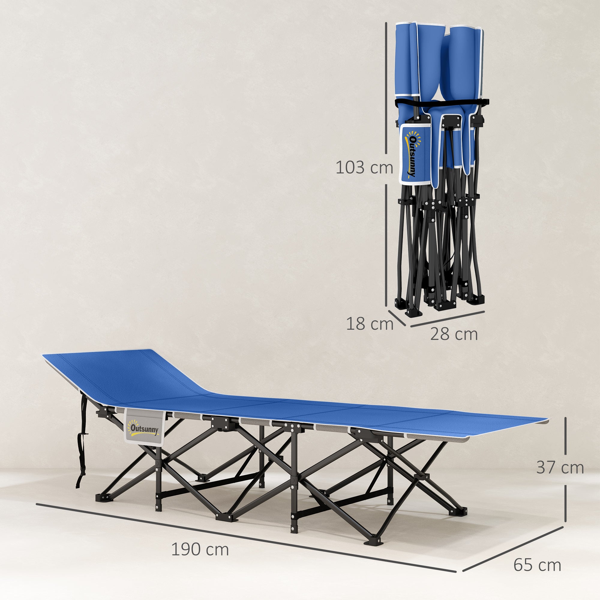 Folding Camp Bed with Mattress, Pillow, Side Pocket 190 x 65 x 37 cm Camping Cot for Adults Guest Bed up to 150 kg Folding Bed for Outdoor, Garden Camping Travel Blue