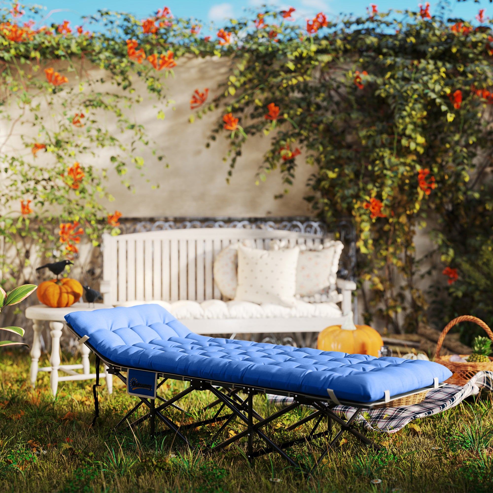 Folding Camp Bed with Mattress, Pillow, Side Pocket 190 x 65 x 37 cm Camping Cot for Adults Guest Bed up to 150 kg Folding Bed for Outdoor, Garden Camping Travel Blue