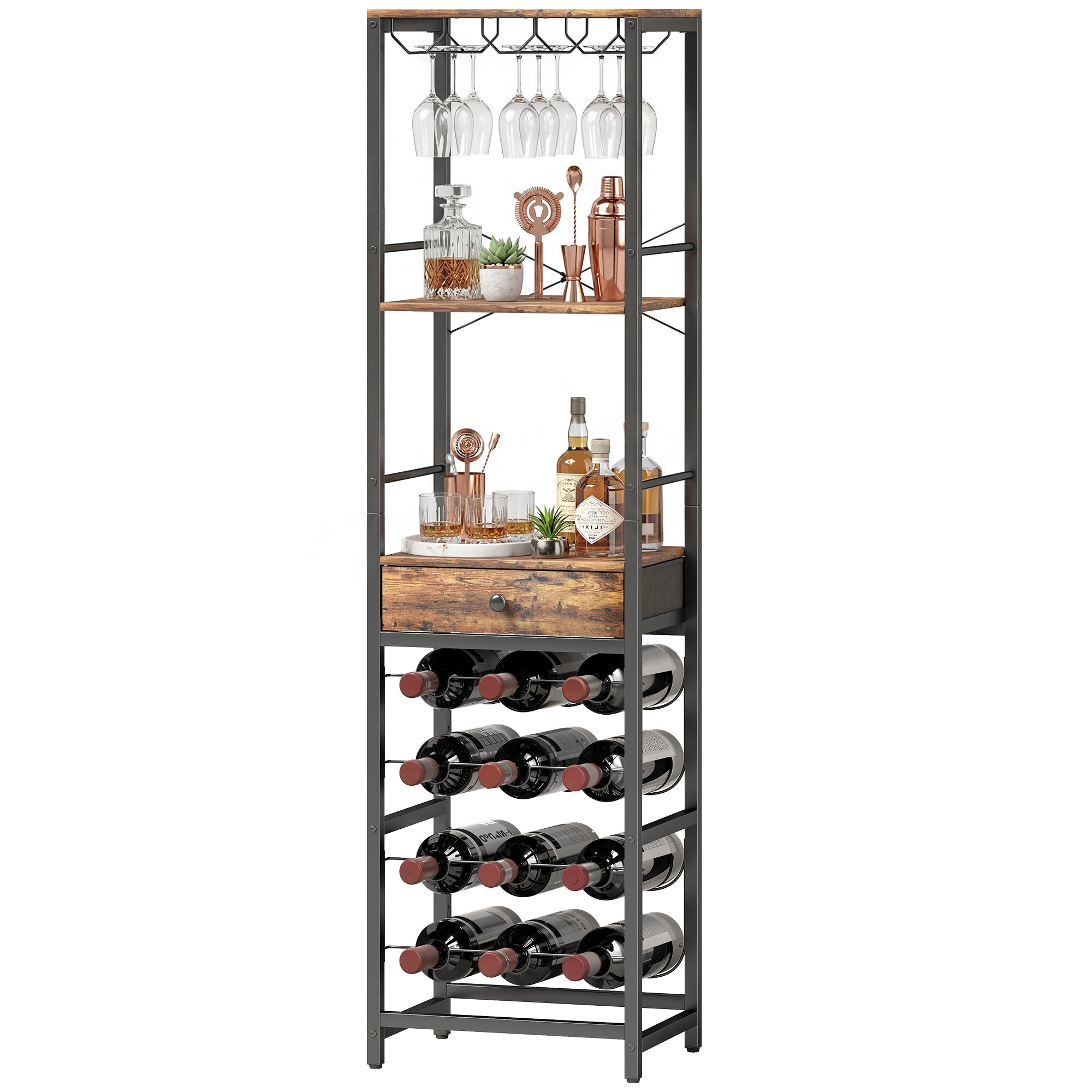 12-Bottle Wine Rack with Open Shelf and Drawer, Industrial Metal Wine Shelf for Kitchen, Living Room, Bar — 15.7 x 11.8 x 58.3 in (40 x 30 x 148 cm), Rustic Brown