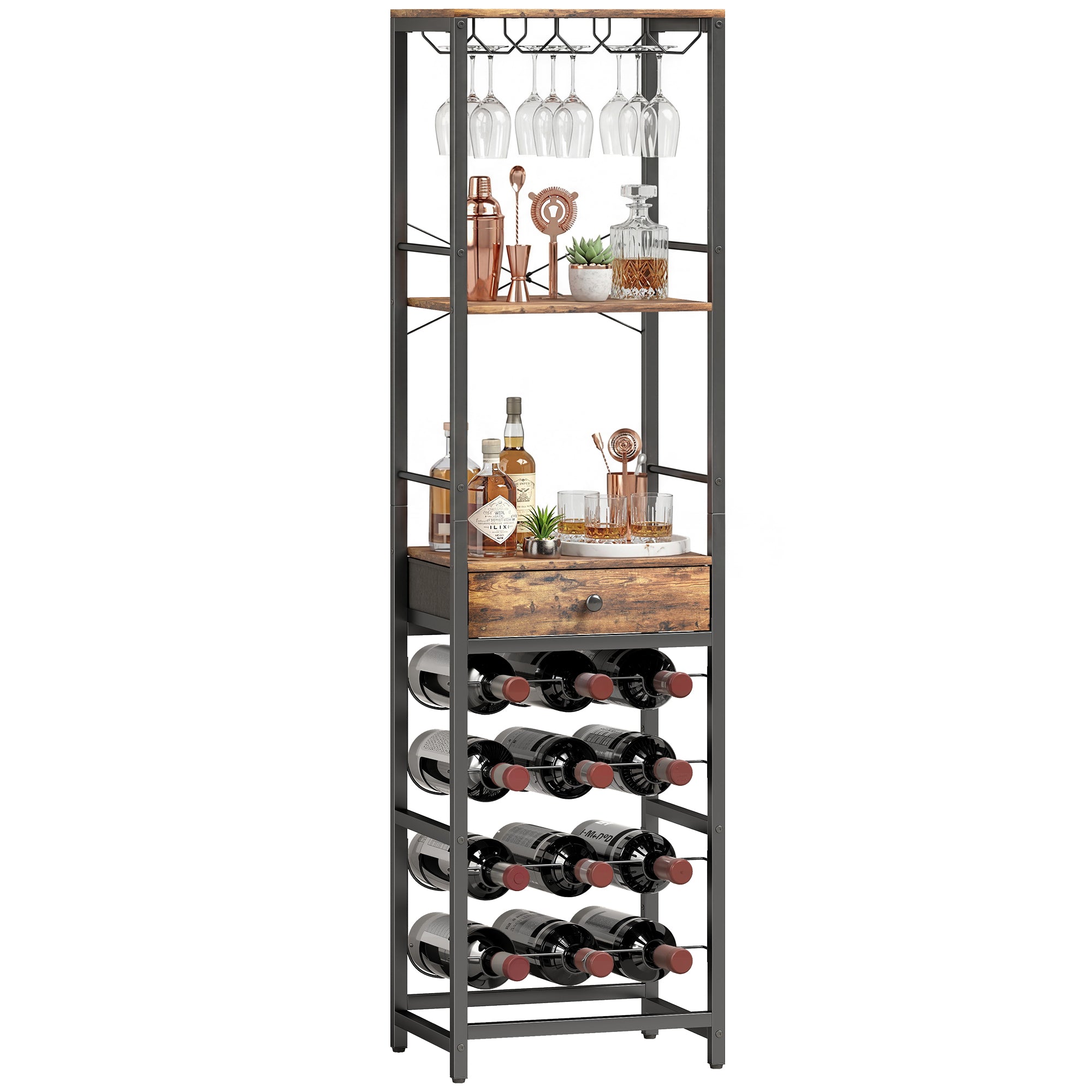 12-Bottle Wine Rack with Open Shelf and Drawer, Industrial Metal Wine Shelf for Kitchen, Living Room, Bar — 15.7 x 11.8 x 58.3 in (40 x 30 x 148 cm), Rustic Brown