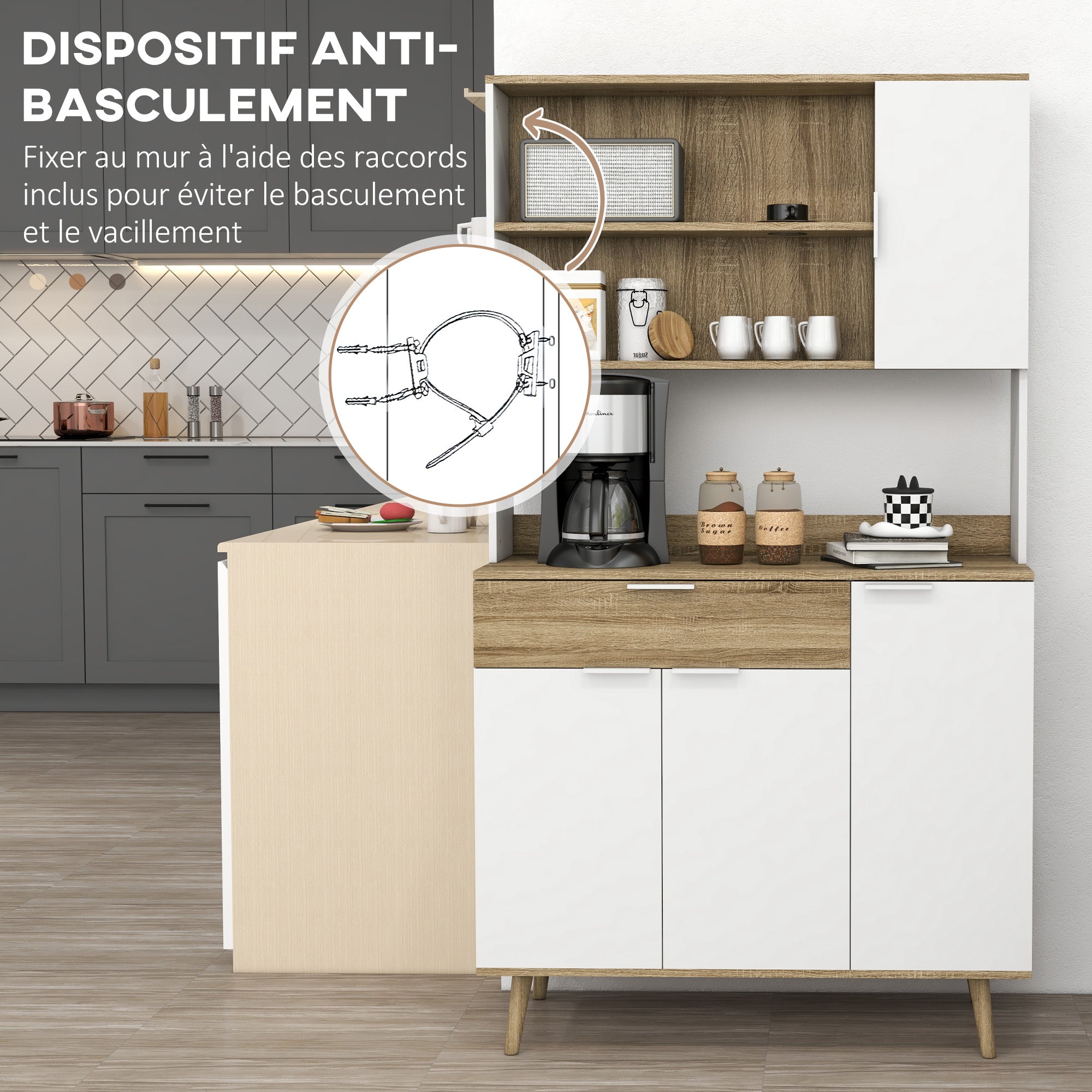 Kitchen Cabinet, Kitchen Buffet, 4 Doors with Adjustable Shelves, 1 Drawer, Scandinavian Design, 98 x 39 x 180 cm, White and Natural