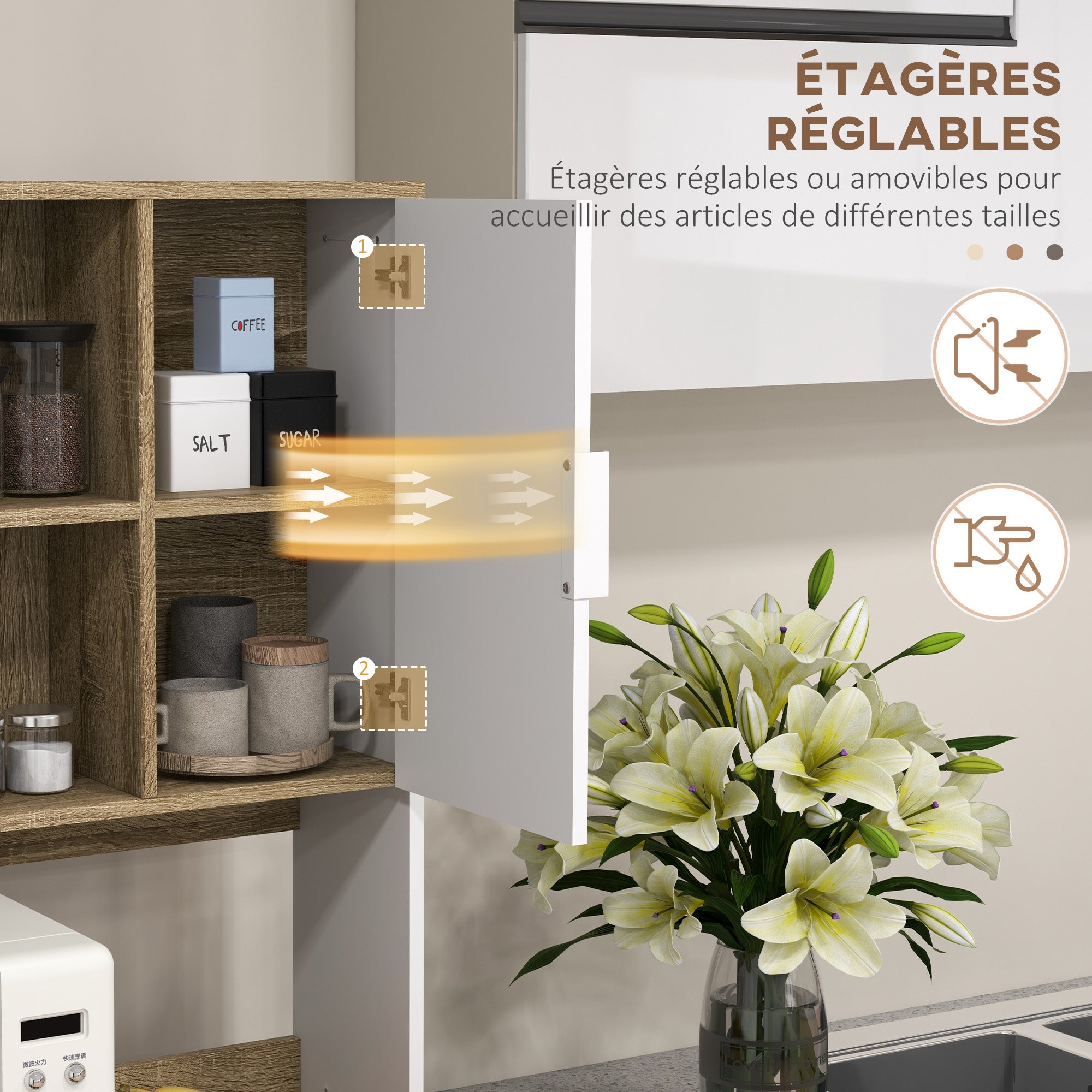 Kitchen Cabinet, Kitchen Buffet, 4 Doors with Adjustable Shelves, 1 Drawer, Scandinavian Design, 98 x 39 x 180 cm, White and Natural