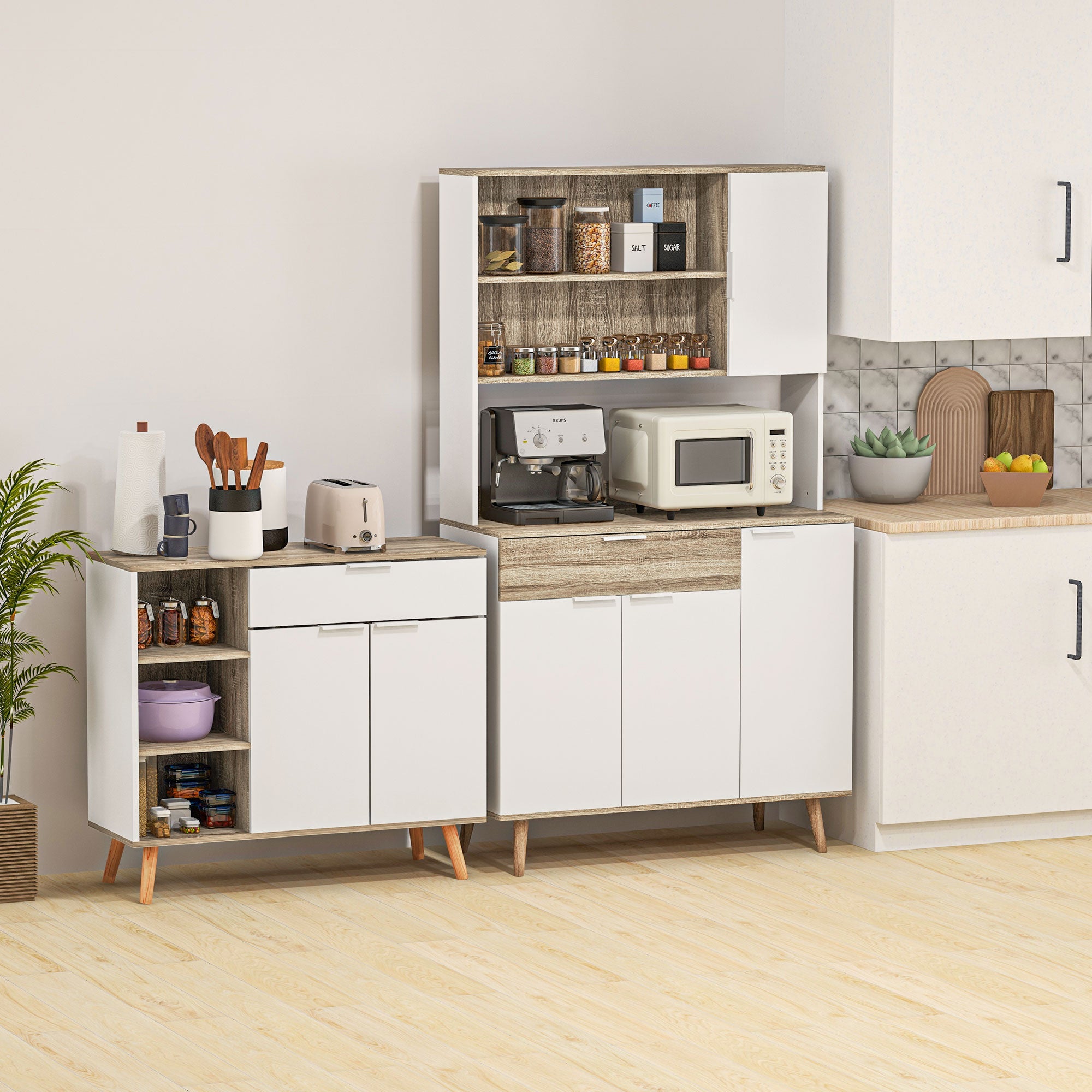 Kitchen Cabinet, Kitchen Buffet, 4 Doors with Adjustable Shelves, 1 Drawer, Scandinavian Design, 98 x 39 x 180 cm, White and Natural
