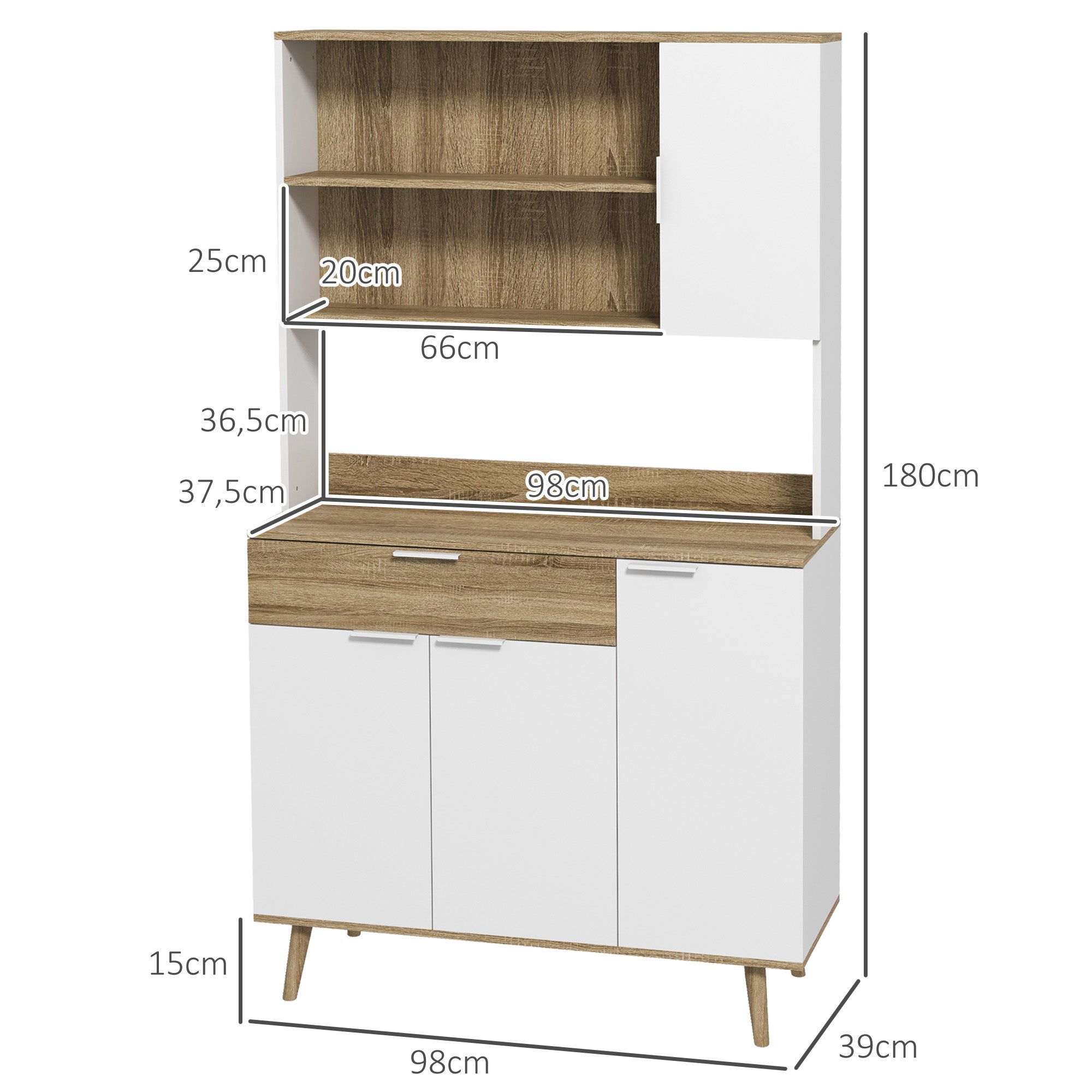 Kitchen Cabinet, Kitchen Buffet, 4 Doors with Adjustable Shelves, 1 Drawer, Scandinavian Design, 98 x 39 x 180 cm, White and Natural