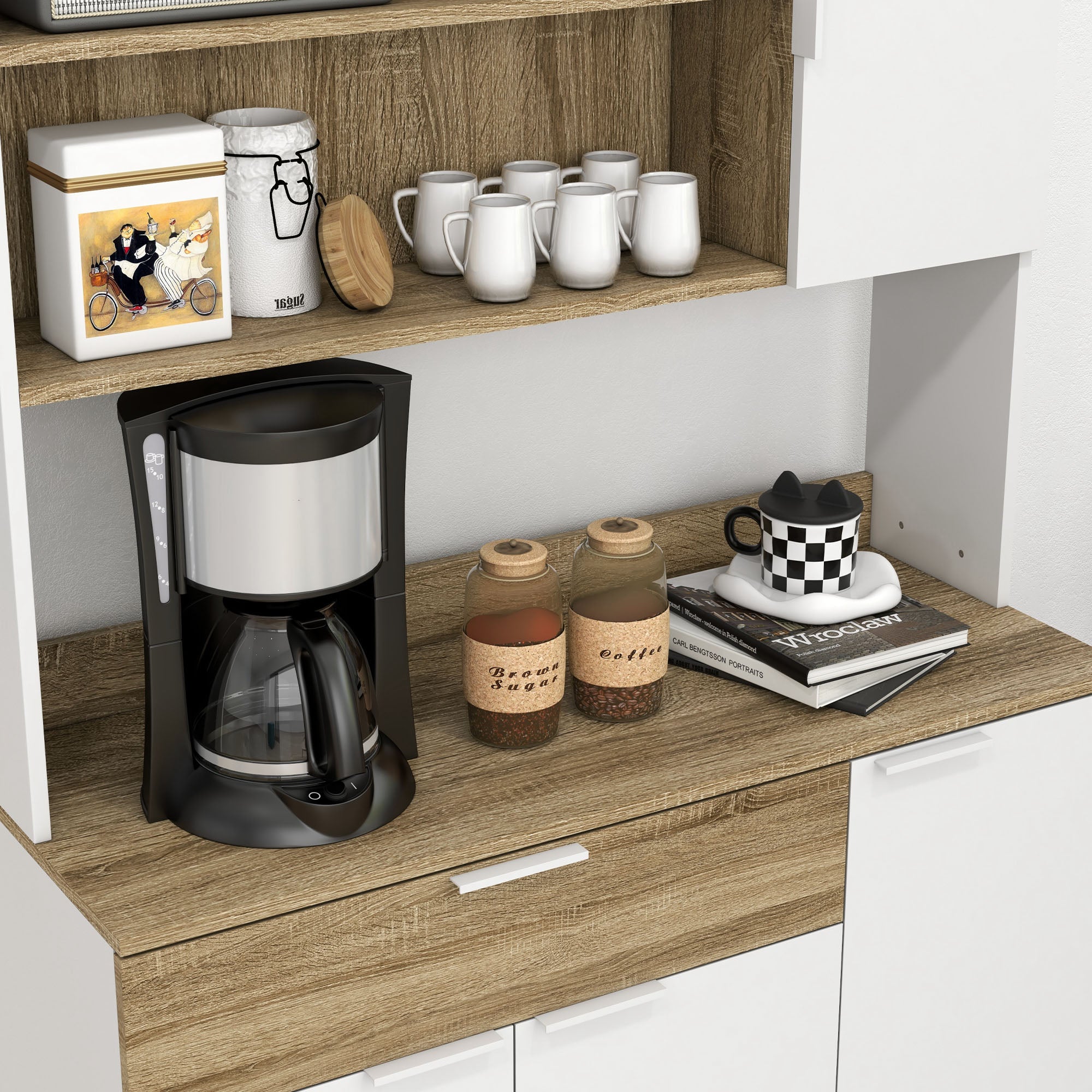 Kitchen Cabinet, Kitchen Buffet, 4 Doors with Adjustable Shelves, 1 Drawer, Scandinavian Design, 98 x 39 x 180 cm, White and Natural