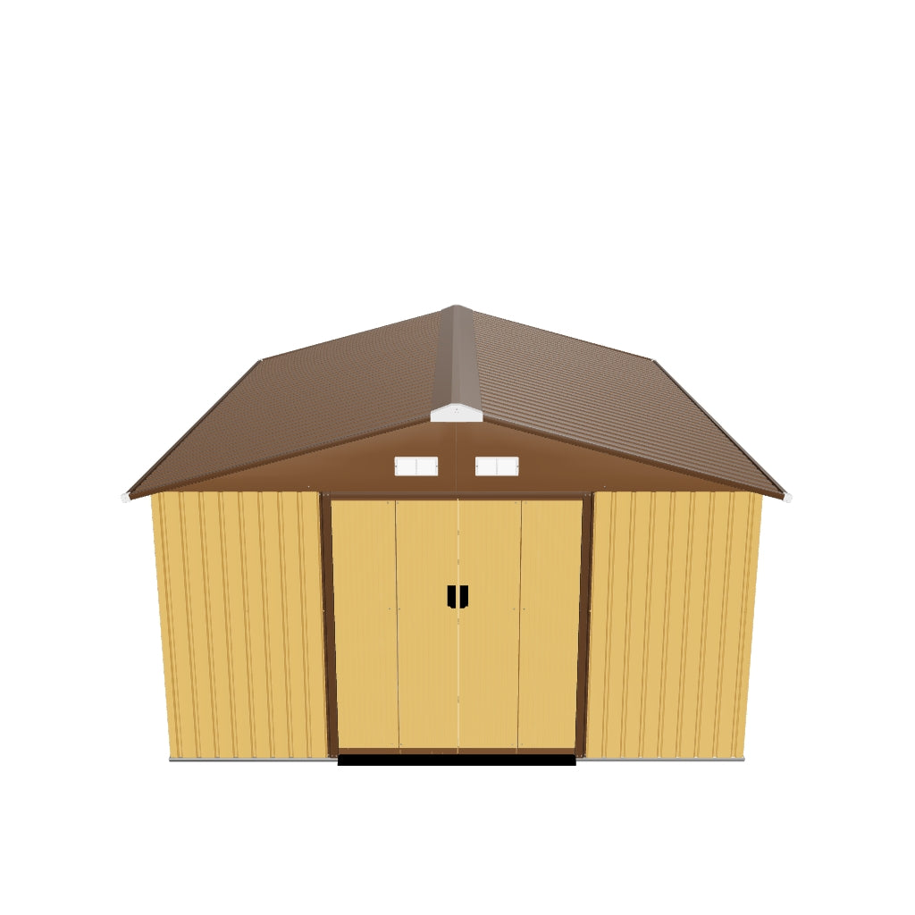 Metal Tool Shed 26.2m? 340x386x200cm with Gable Roof Foundation Sliding Door Weatherproof Garden House Outdoor Garden Shed Cabinet for Outdoor Area, Yellow