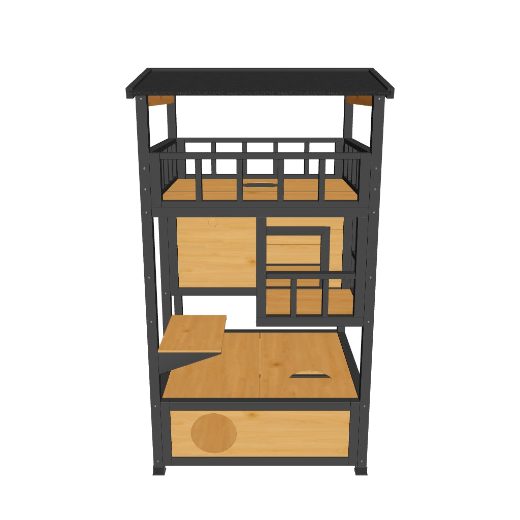 PawHut Kassimaja, Puit, Väljas Kassimaja Terrassiga, Kassikoobas, 4 Korrust, Kassivilla Treppidega, Asfaldikatus, Talvekindel, Pieni Loomade Maja, Kollane, 75.5 x 75 x 137 cm