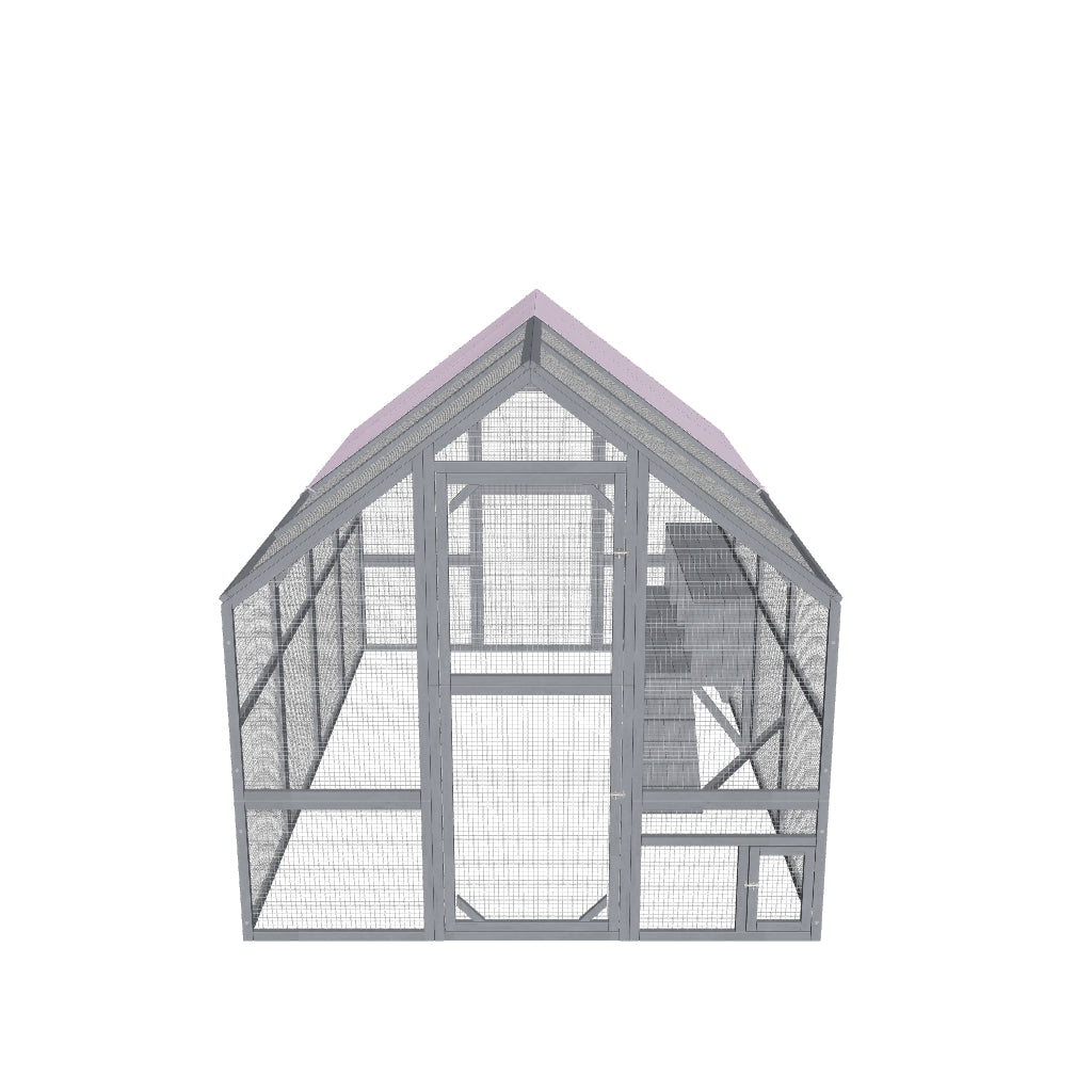 PawHut Dřevěný kurník pro slepice, 280 x 185,5 x 188 cm - Kurník s dveřmi, hnízdicí boxem, střechou, rampou, venkovní výběh pro 8-12 slepic, šedý