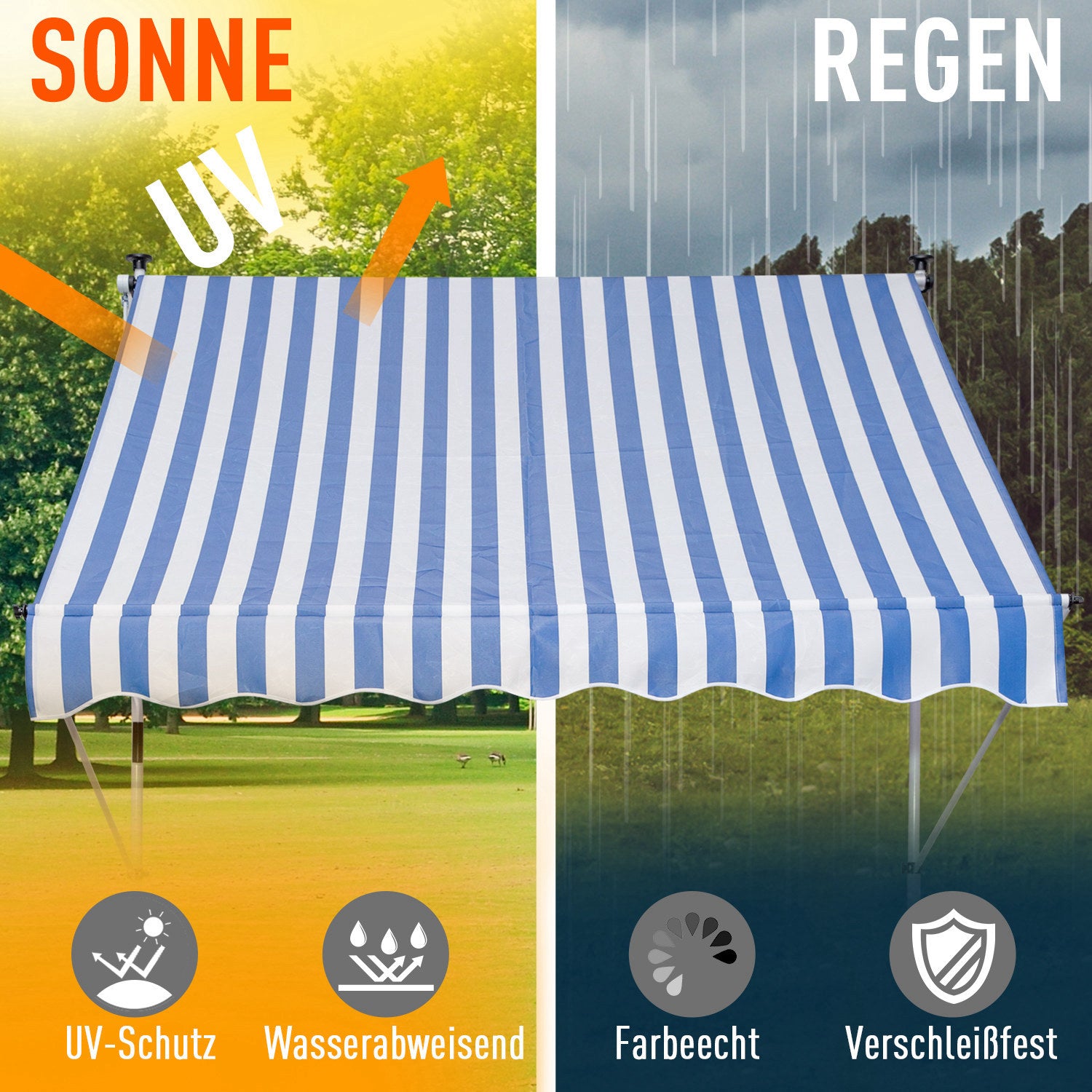 Clamp Awning with Hand Crank Adjustable Height Retractable Awning Dirt-Repellent, Weather-Resistant Balcony Awning 150cm Wide Patio Awning for Terrace Balcony Veranda Blue+White