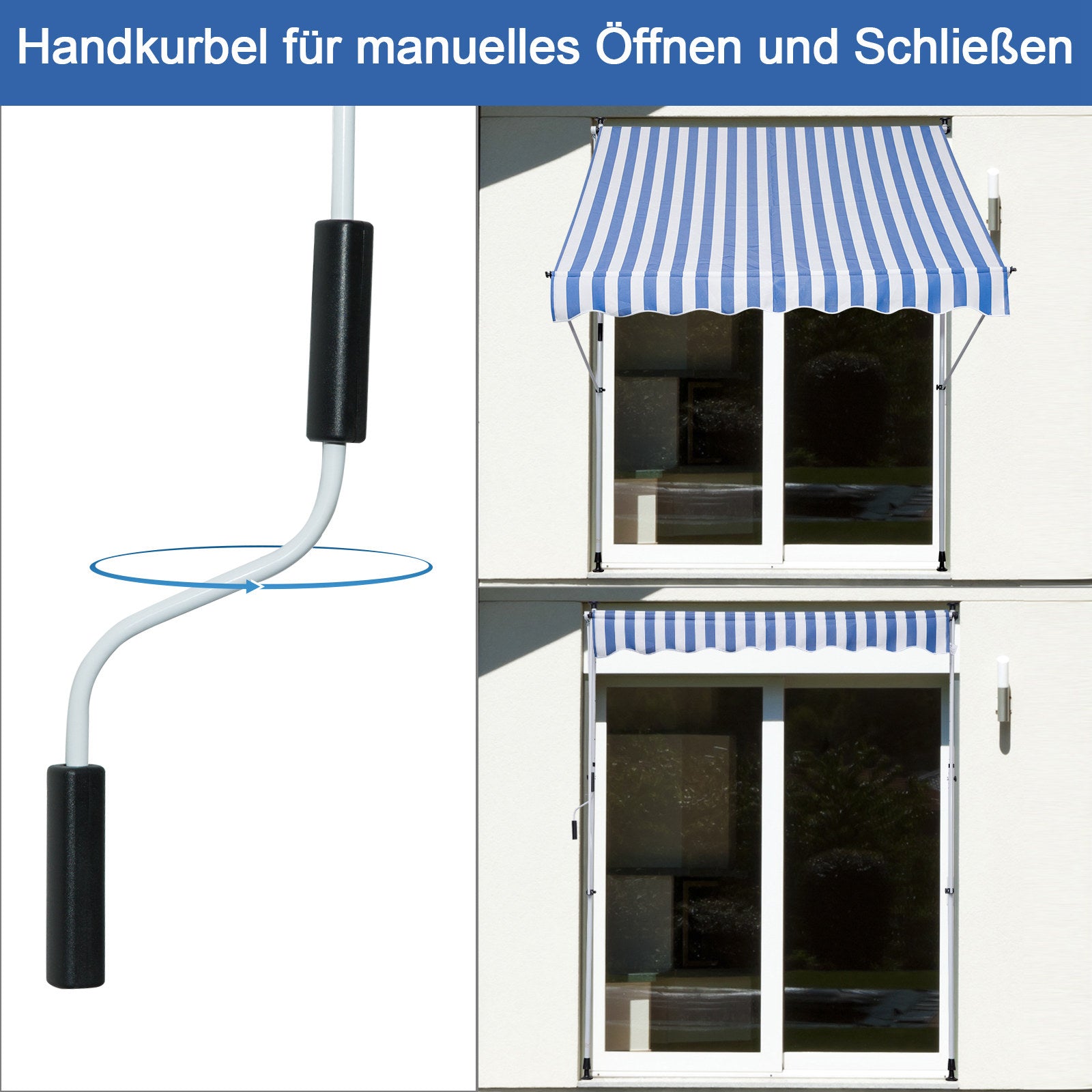Clamp Awning with Hand Crank Adjustable Height Retractable Awning Dirt-Repellent, Weather-Resistant Balcony Awning 150cm Wide Patio Awning for Terrace Balcony Veranda Blue+White