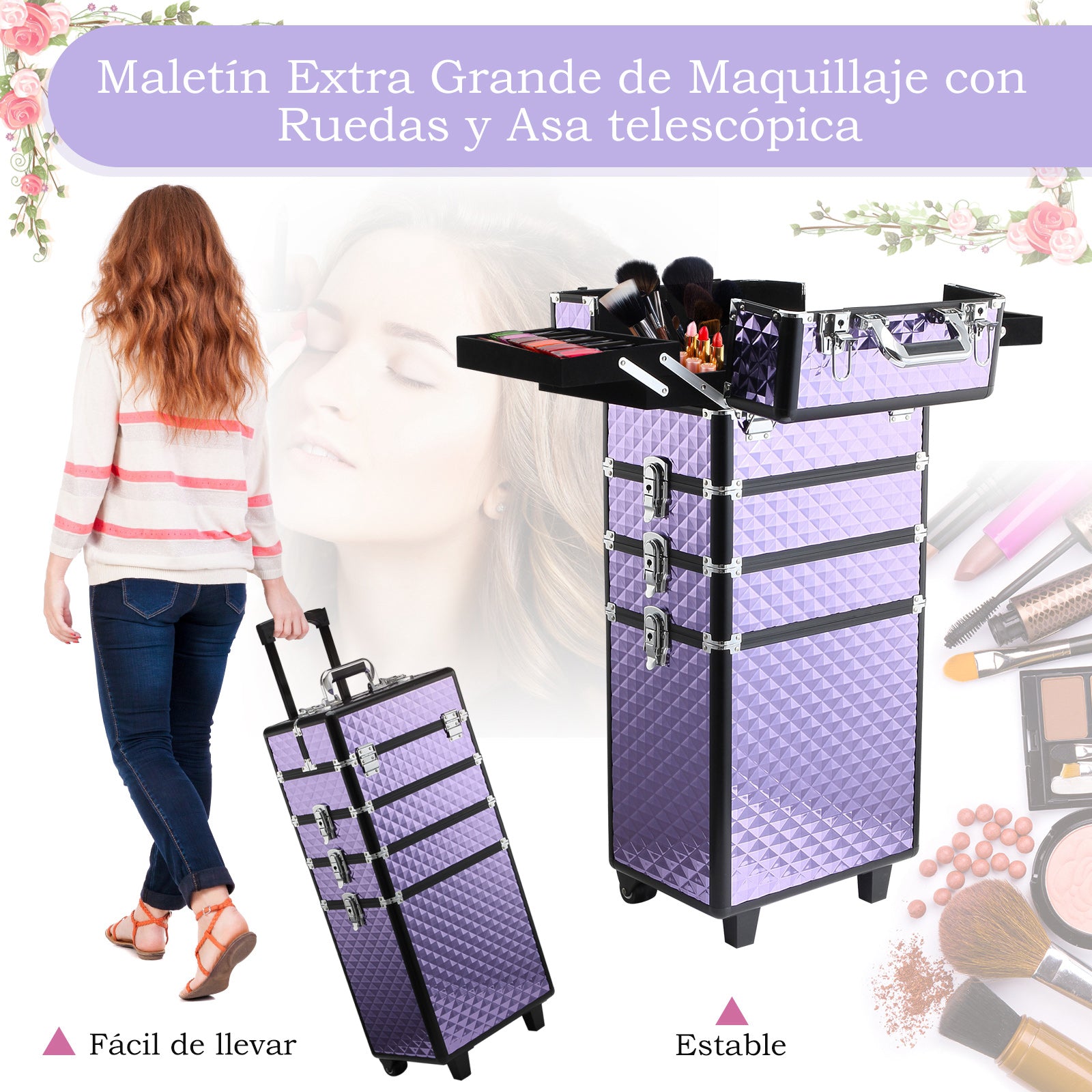 Professional Makeup Case with Universal Wheels, Different Levels, Extendable Handle, Makeup Trolley Aluminum Alloy 33.5x23x76/95.5 cm Violet