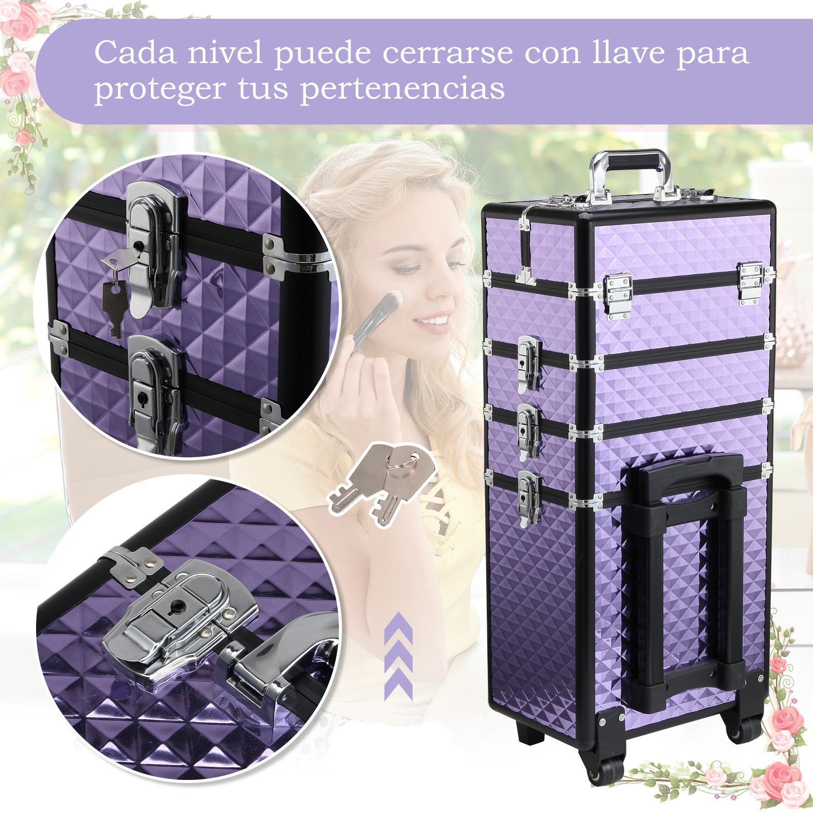 Professional Makeup Case with Universal Wheels, Different Levels, Extendable Handle, Makeup Trolley Aluminum Alloy 33.5x23x76/95.5 cm Violet