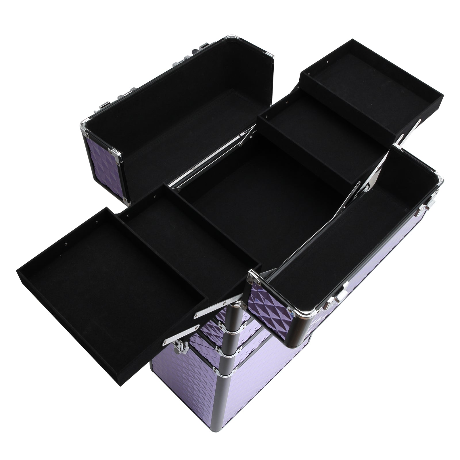 Professional Makeup Case with Universal Wheels, Different Levels, Extendable Handle, Makeup Trolley Aluminum Alloy 33.5x23x76/95.5 cm Violet
