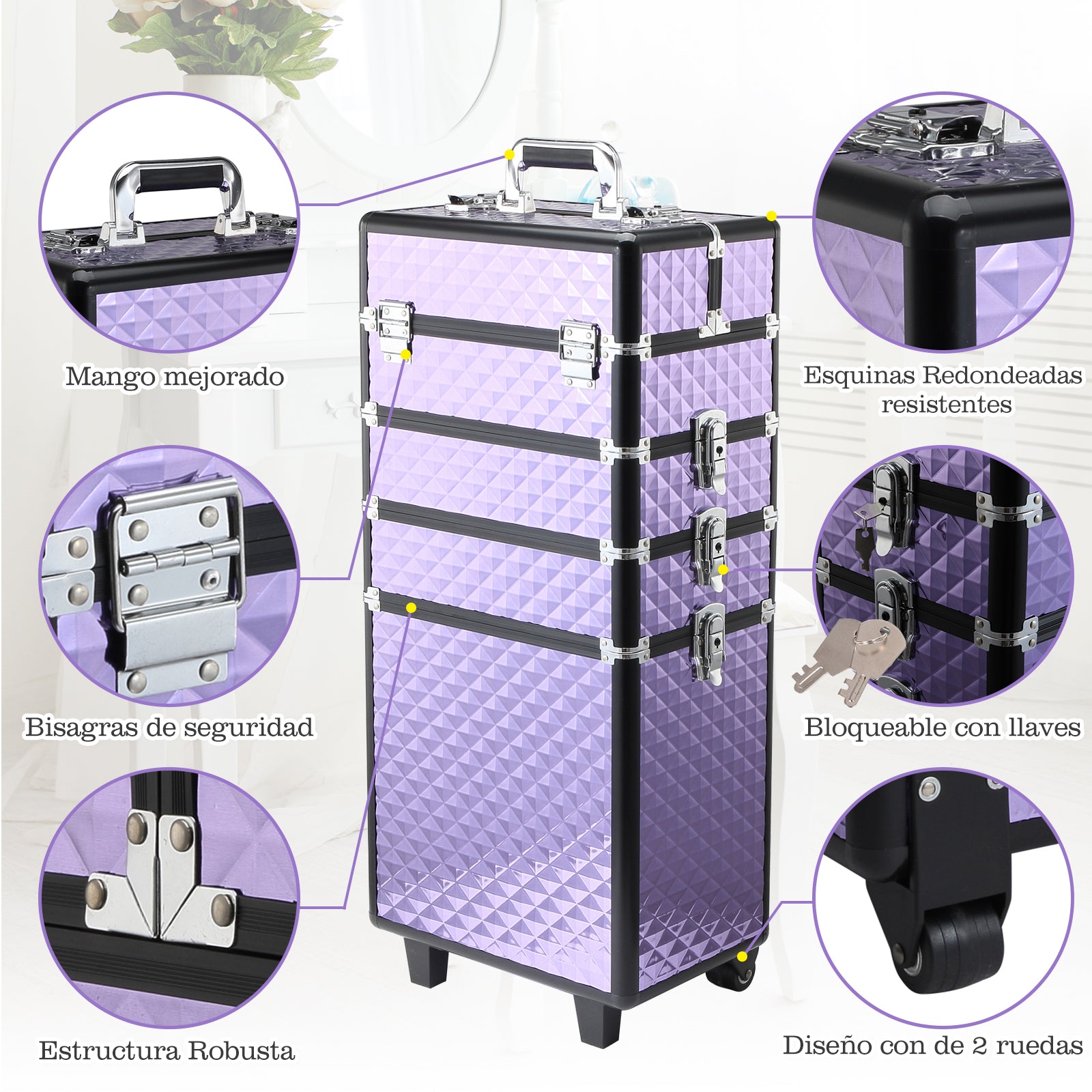 Professional Makeup Case with Universal Wheels, Different Levels, Extendable Handle, Makeup Trolley Aluminum Alloy 33.5x23x76/95.5 cm Violet
