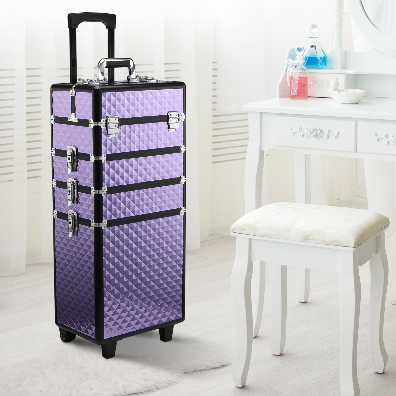 Professional Makeup Case with Universal Wheels, Different Levels, Extendable Handle, Makeup Trolley Aluminum Alloy 33.5x23x76/95.5 cm Violet