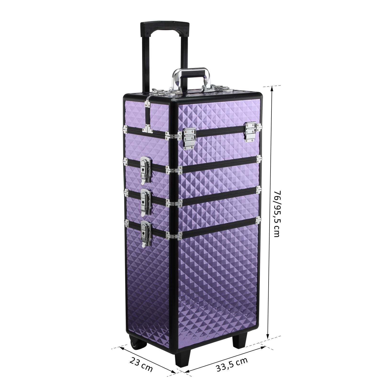 Professional Makeup Case with Universal Wheels, Different Levels, Extendable Handle, Makeup Trolley Aluminum Alloy 33.5x23x76/95.5 cm Violet