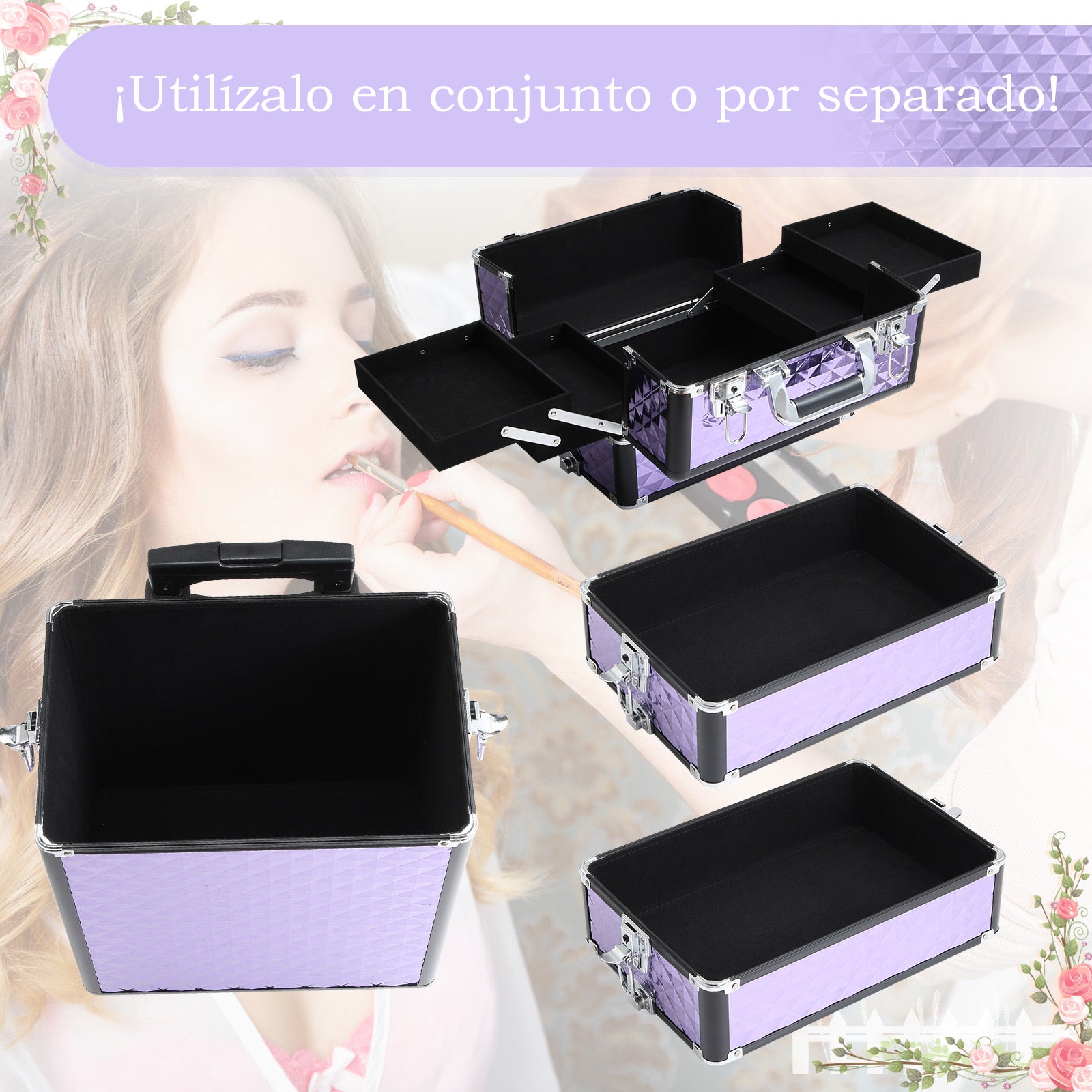 Professional Makeup Case with Universal Wheels, Different Levels, Extendable Handle, Makeup Trolley Aluminum Alloy 33.5x23x76/95.5 cm Violet